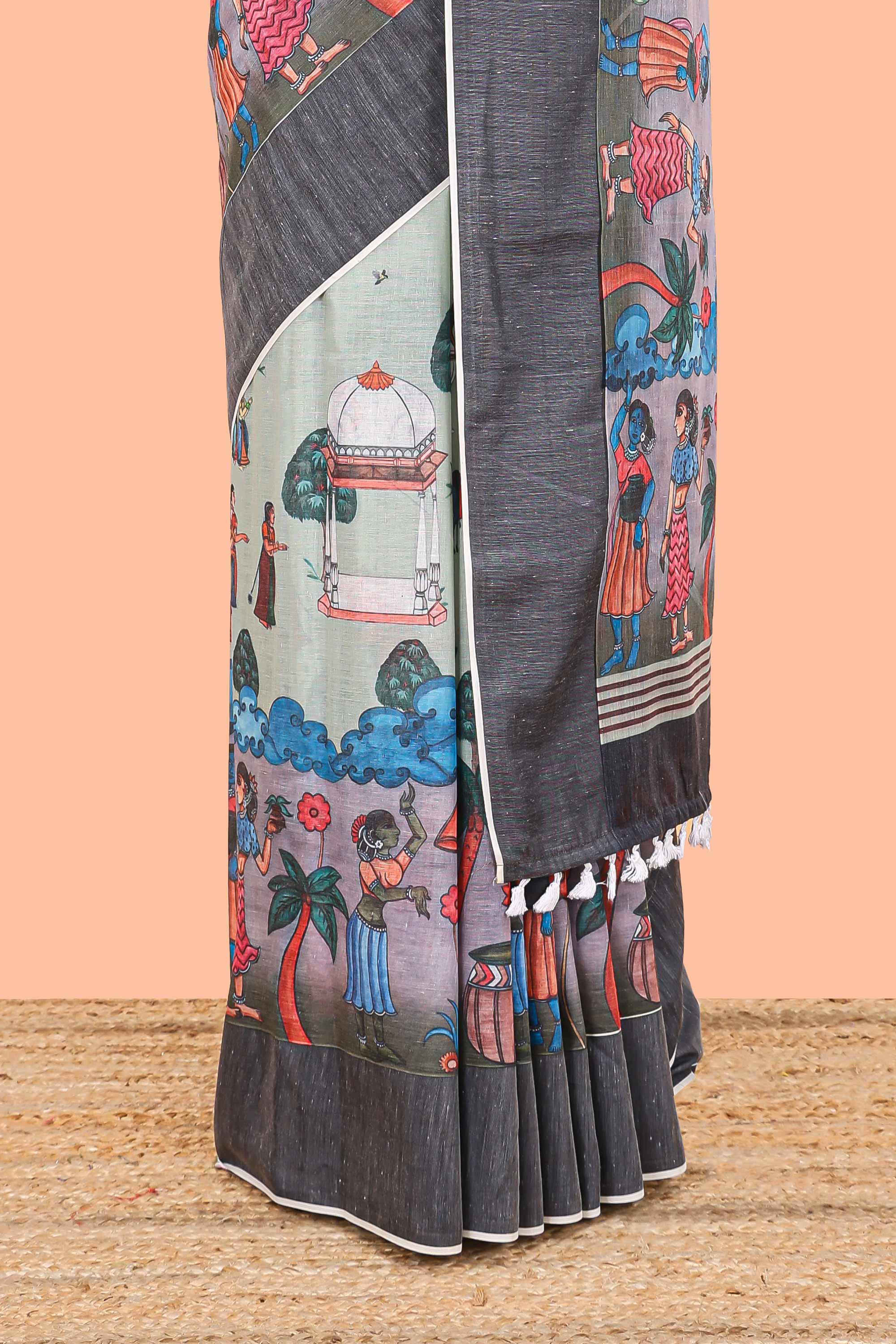 Green chirala cotton floral and animal theme digital print saree with zari border - Image 4
