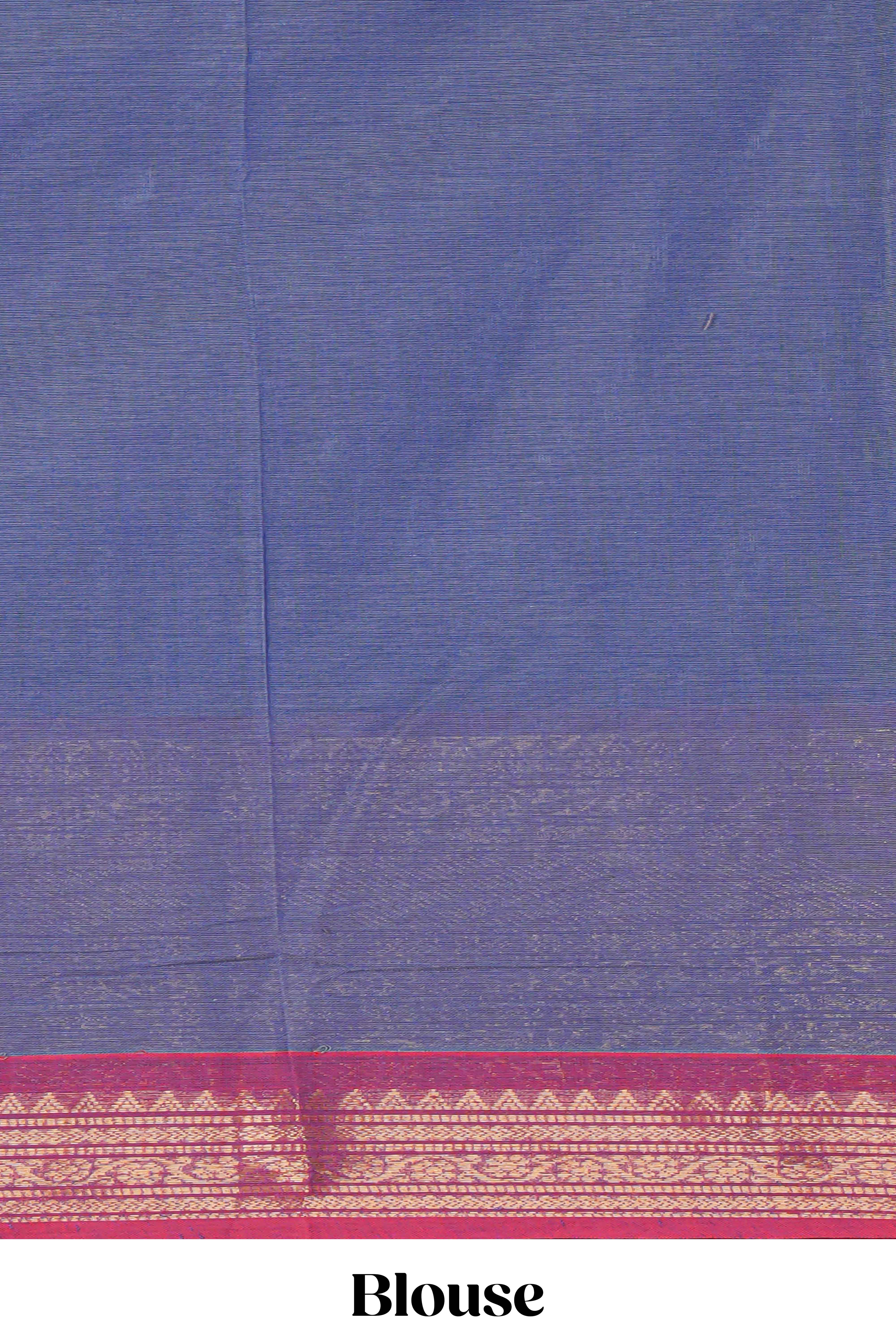 Blue colour chettinad cotton saree all over thread butta with contrast border and zari pallu along with blouse piece - Image 3