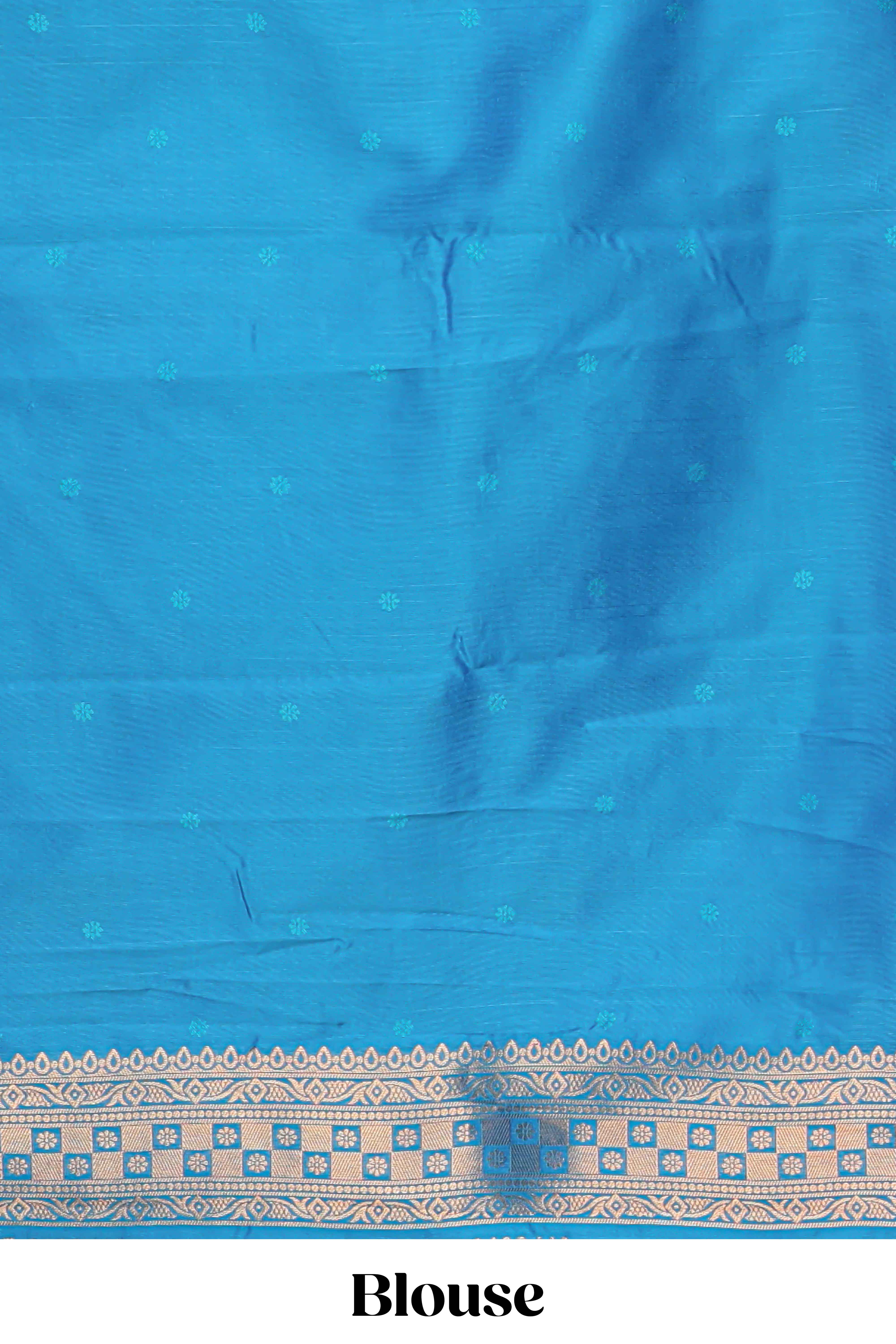 Blue colour Semi soft silk with  gold zari floral motifs border with Vaira oosi Design and matching blouse - Image 5