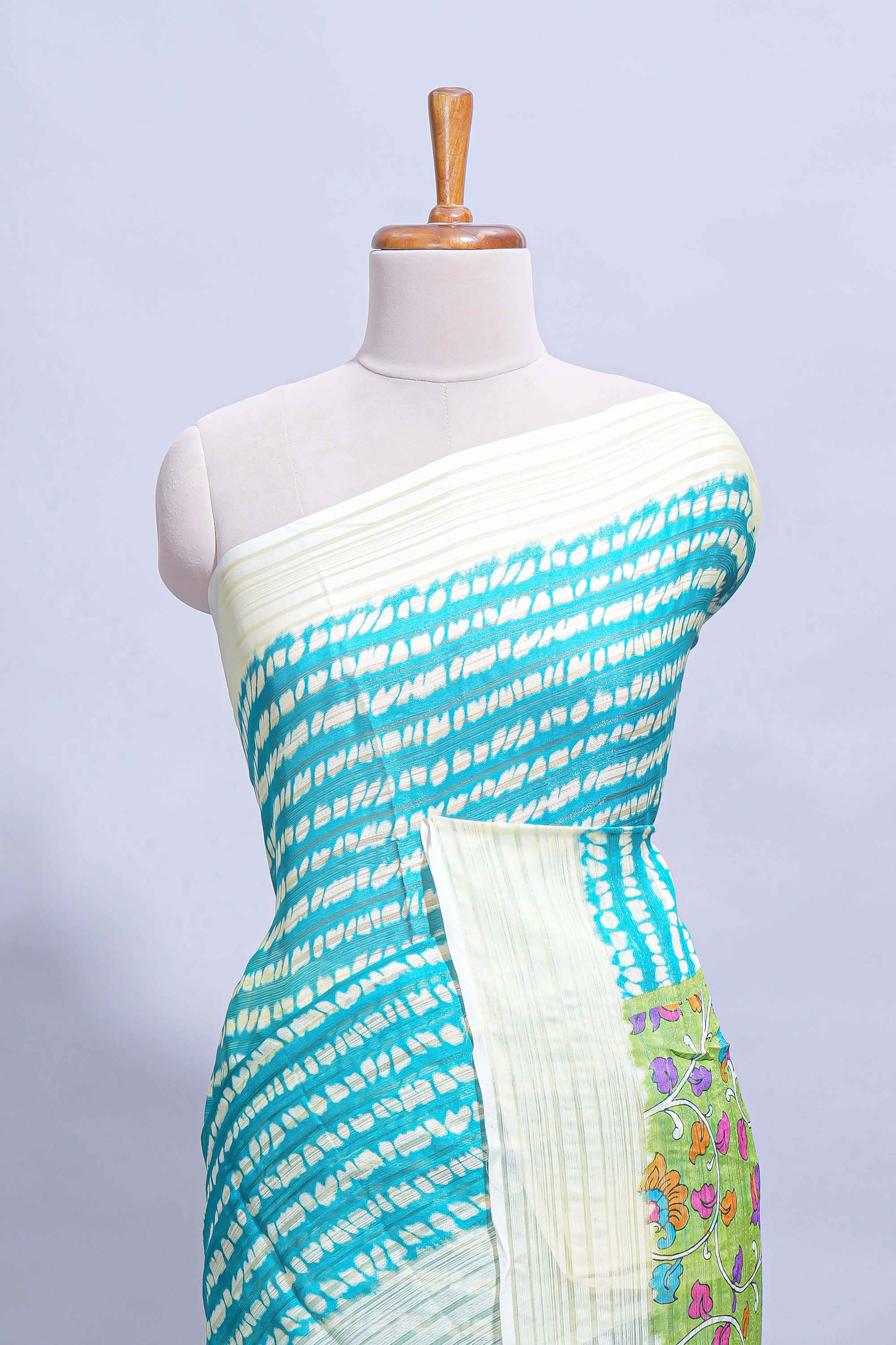 Blue colour  shibori printed marsh mellow saree with contrast border and matching printed blouse - Image 3