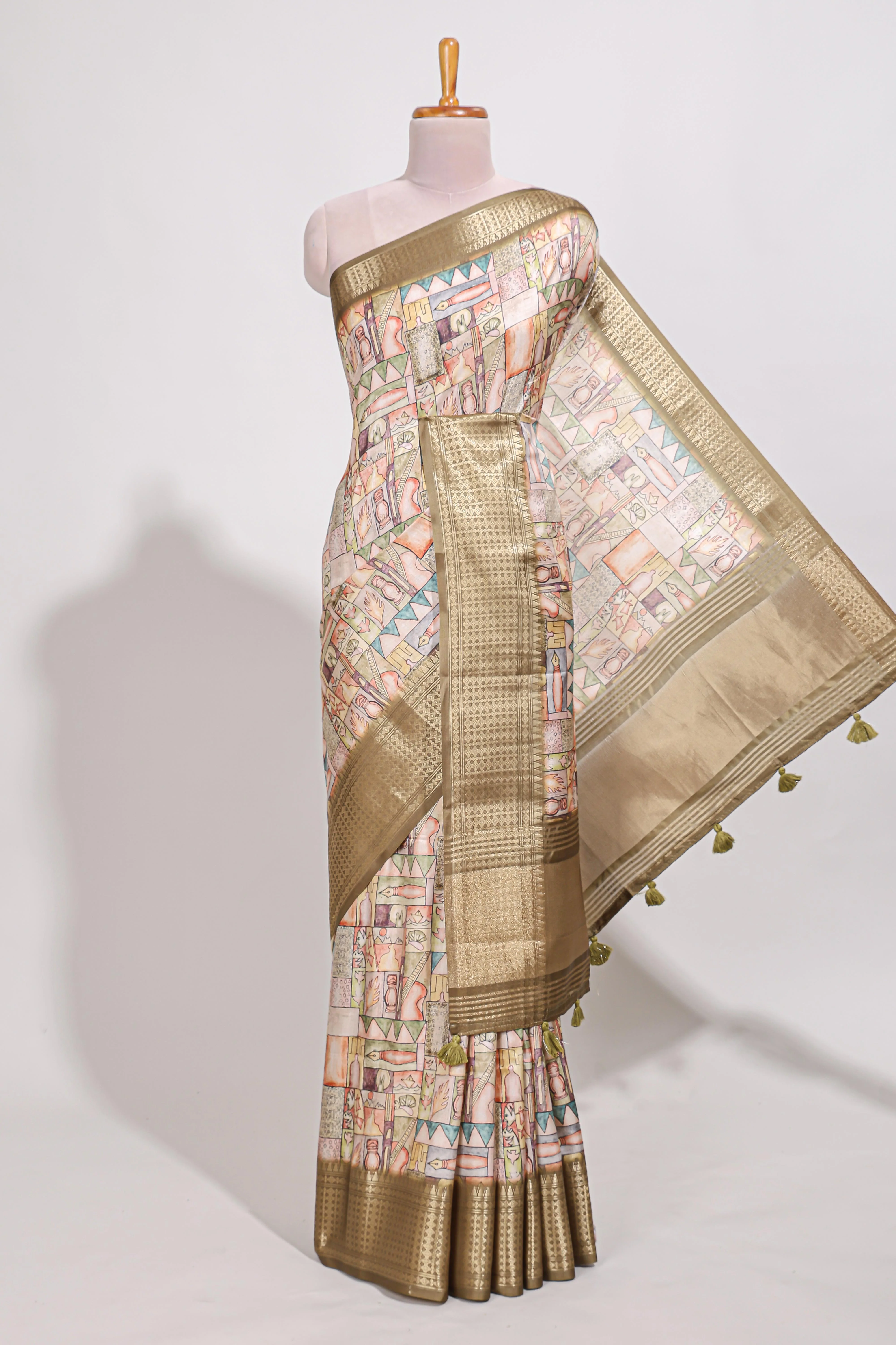 Mustard yellow colour story book  printed  semi tussar saree with zari border and zari weaving blouse - Image 2
