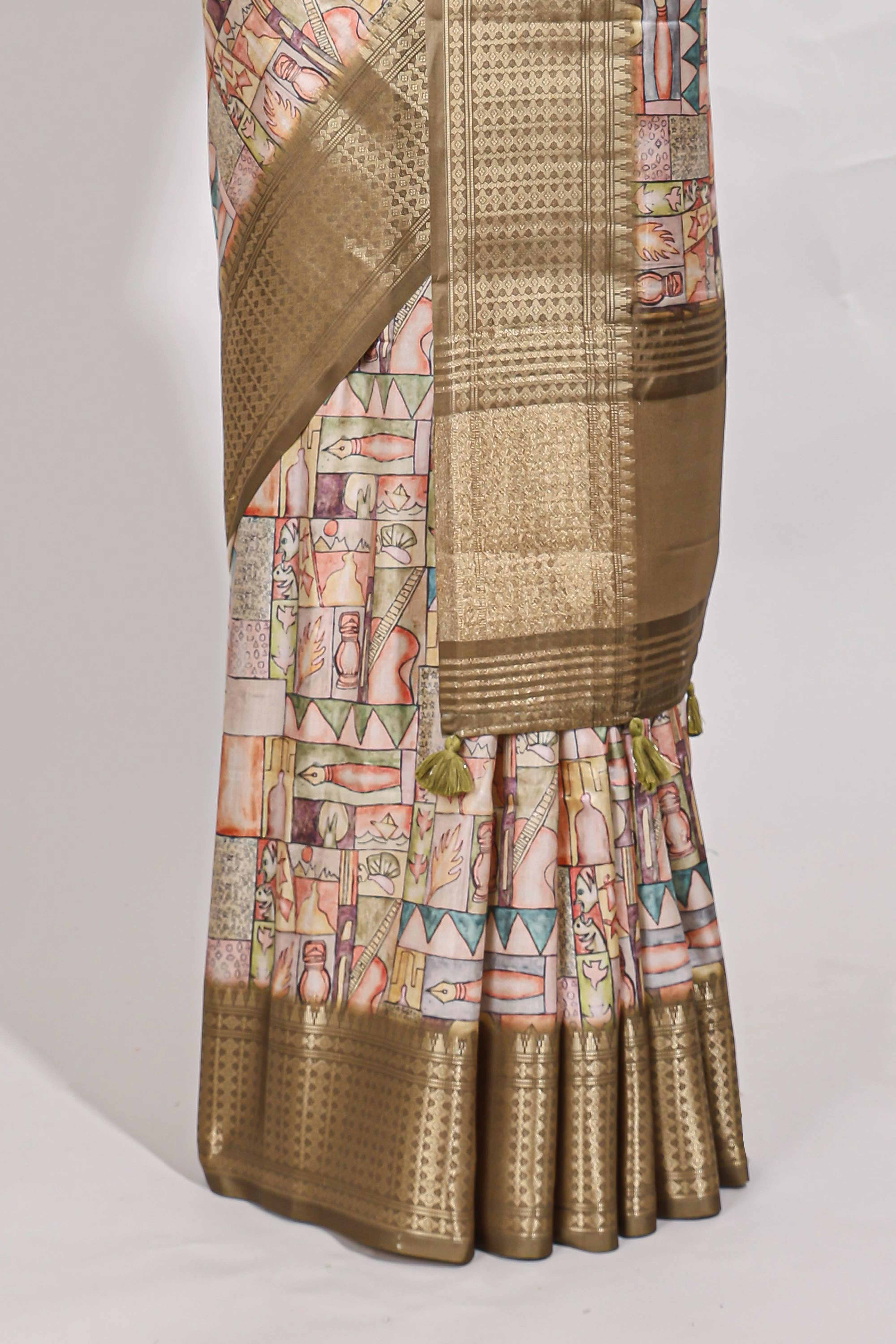 Mustard yellow colour story book  printed  semi tussar saree with zari border and zari weaving blouse - Image 4