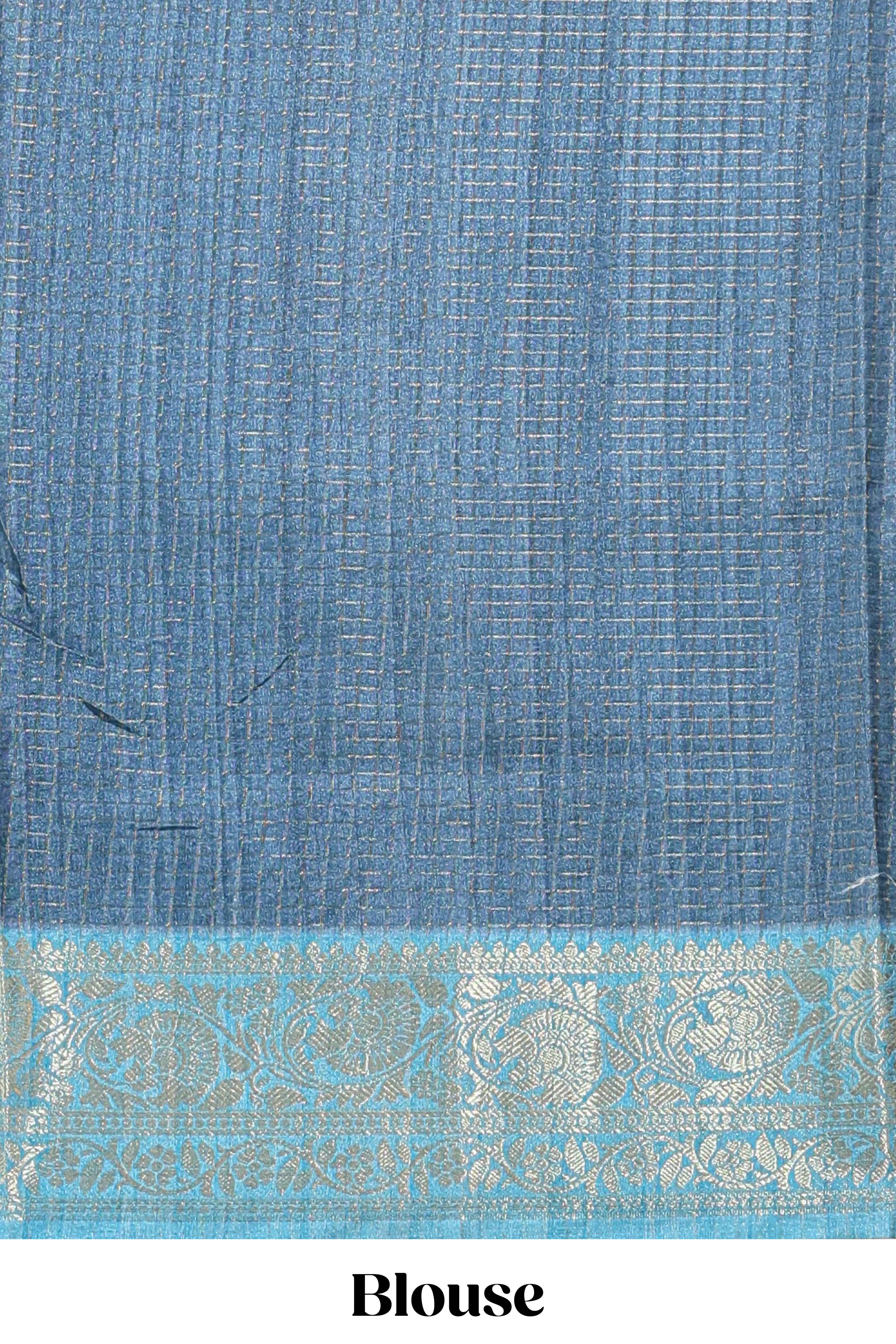 Blue ditsy floral print art tussar saree with contrast zari border and matching blouse - Image 5