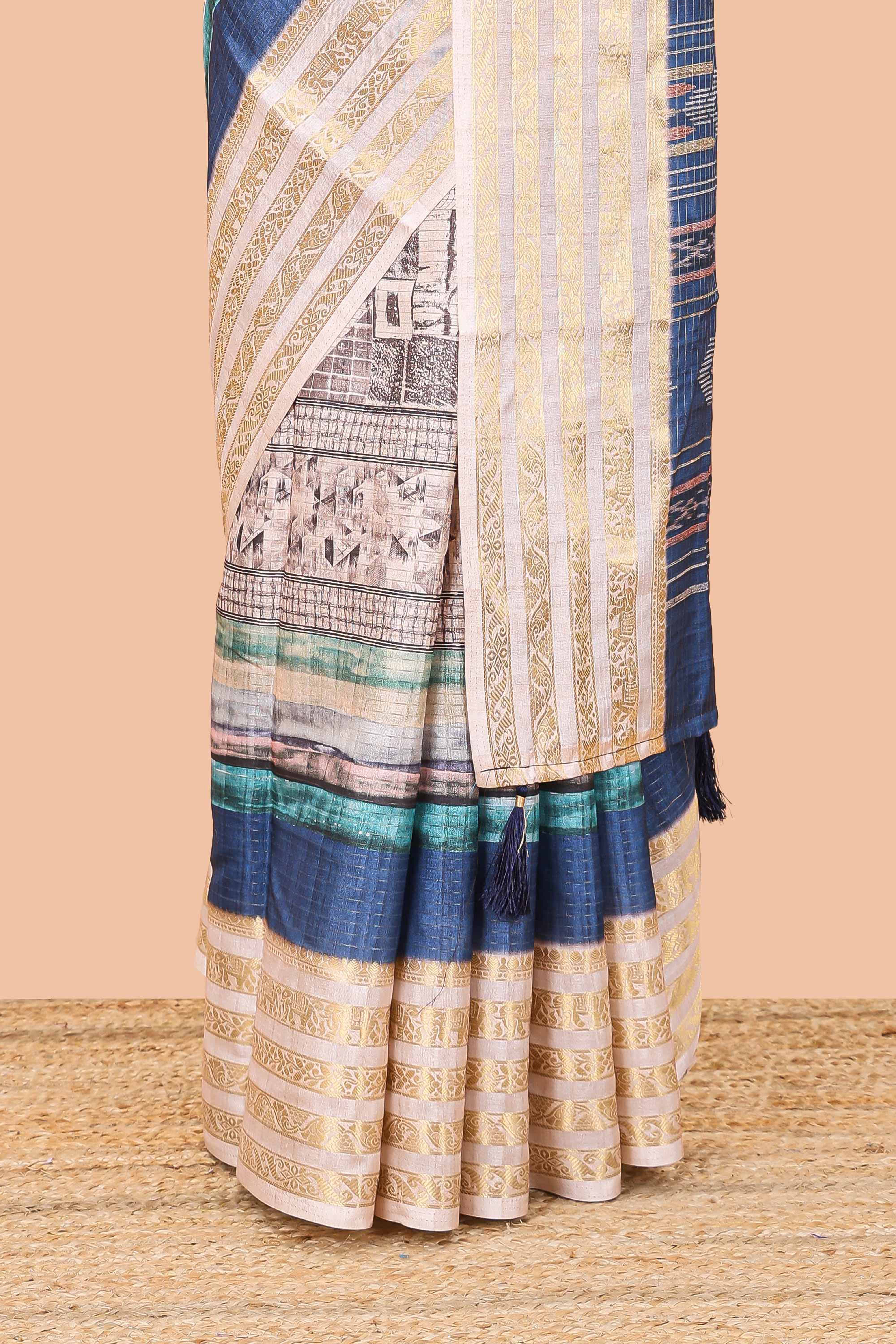 Blue dola silk saree featuring monochrome fusion print and contrast zari border - Image 4
