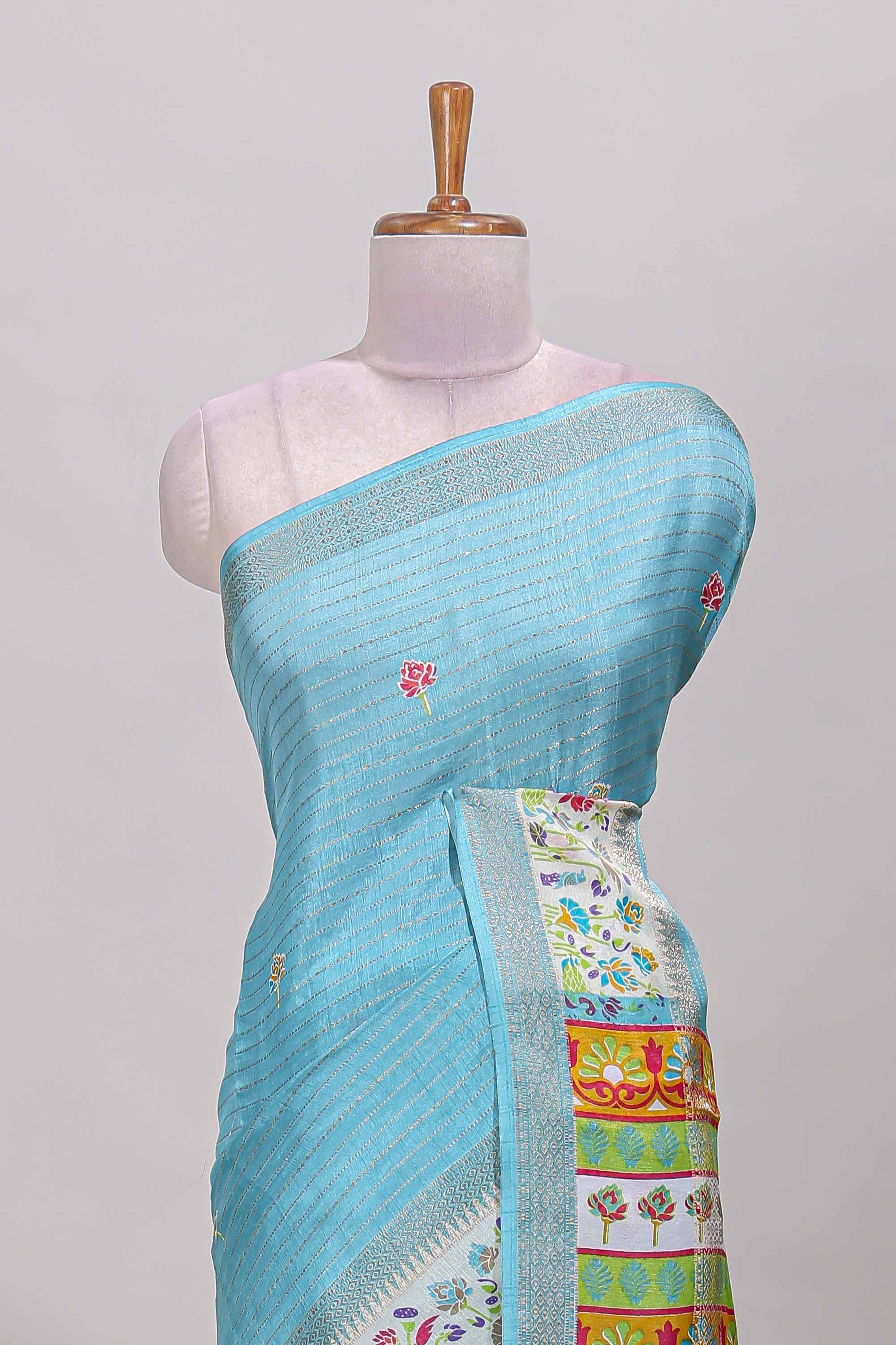 Blue dola silk saree with striped floral motifs and bird & floral bottom design with self zari border and matching blouse - Image 3