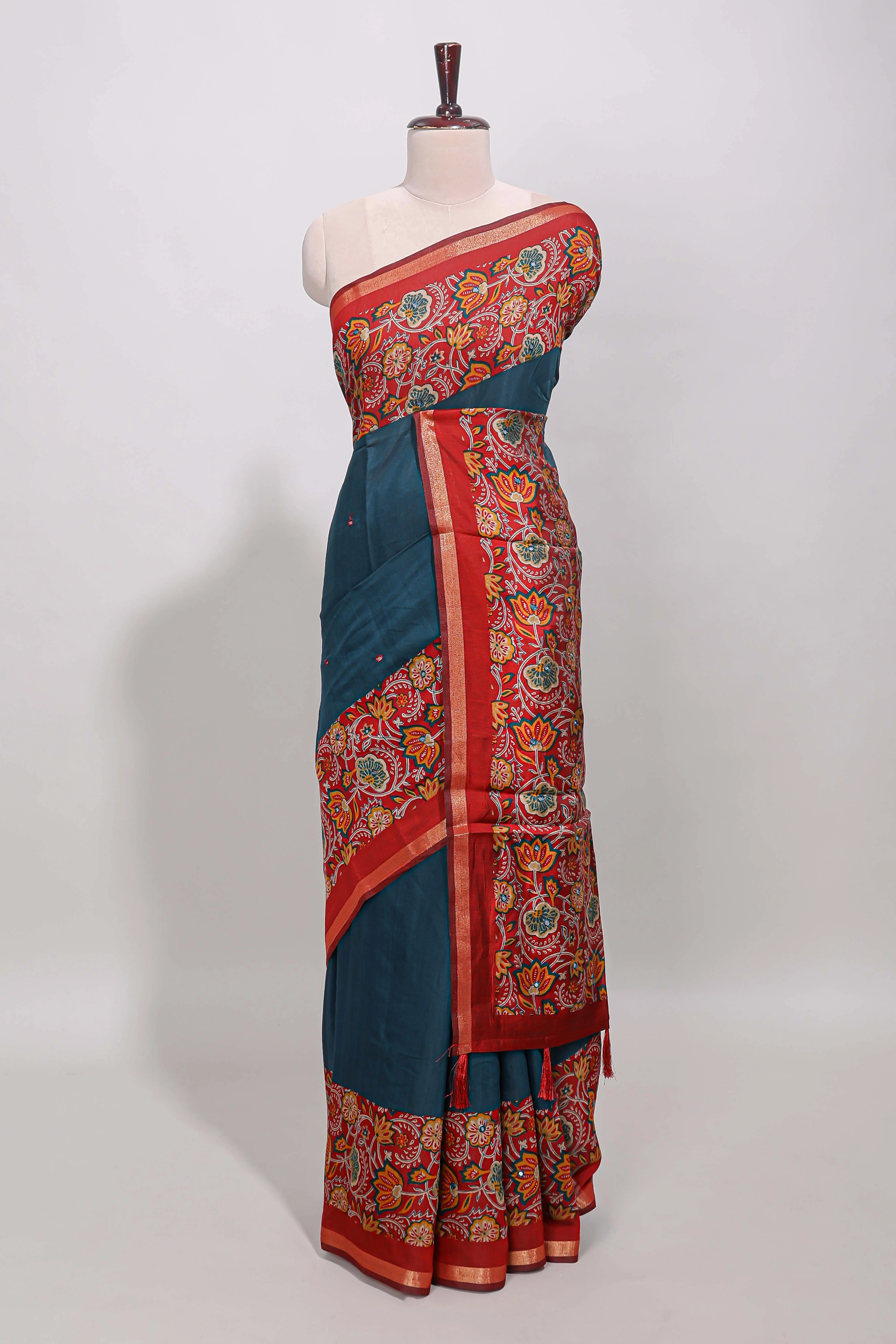 Blue embroidery mirror work viscose georgette saree with contrast floral vine zari border and printed blouse - Image 2