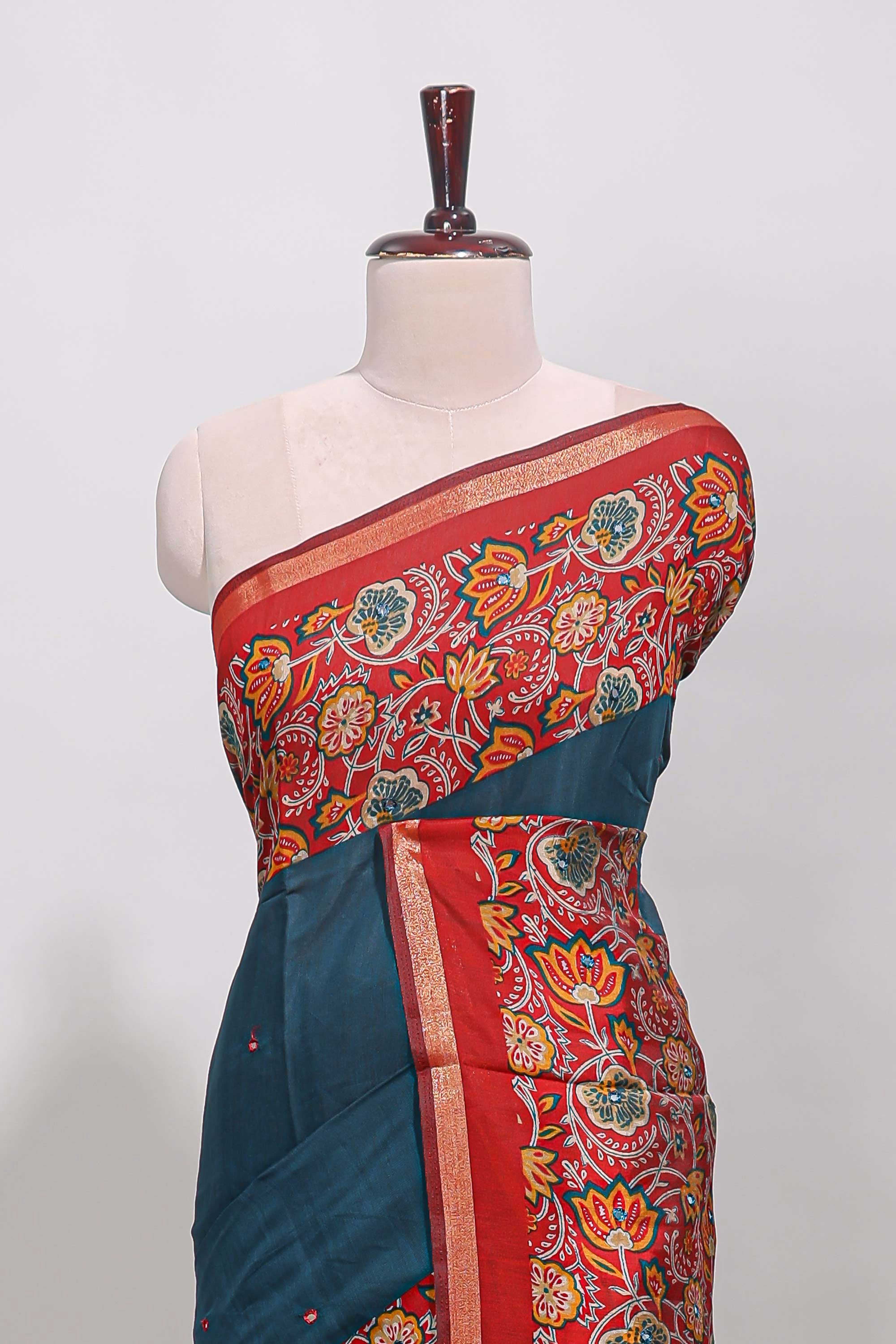 Blue embroidery mirror work viscose georgette saree with contrast floral vine zari border and printed blouse - Image 3