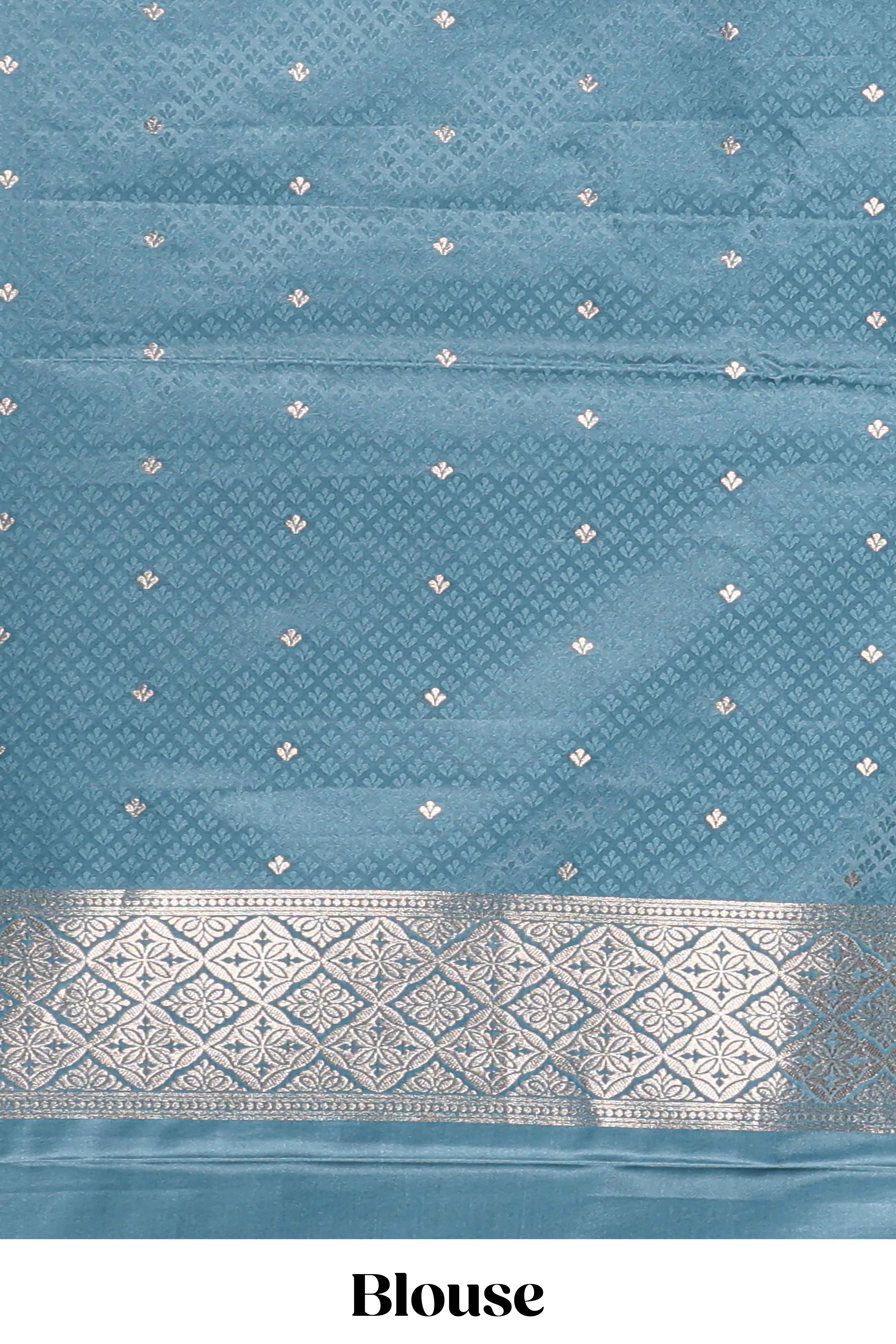Blue floral motifs design banarasi silk saree with self zari border and matching floral printed blouse - Image 5