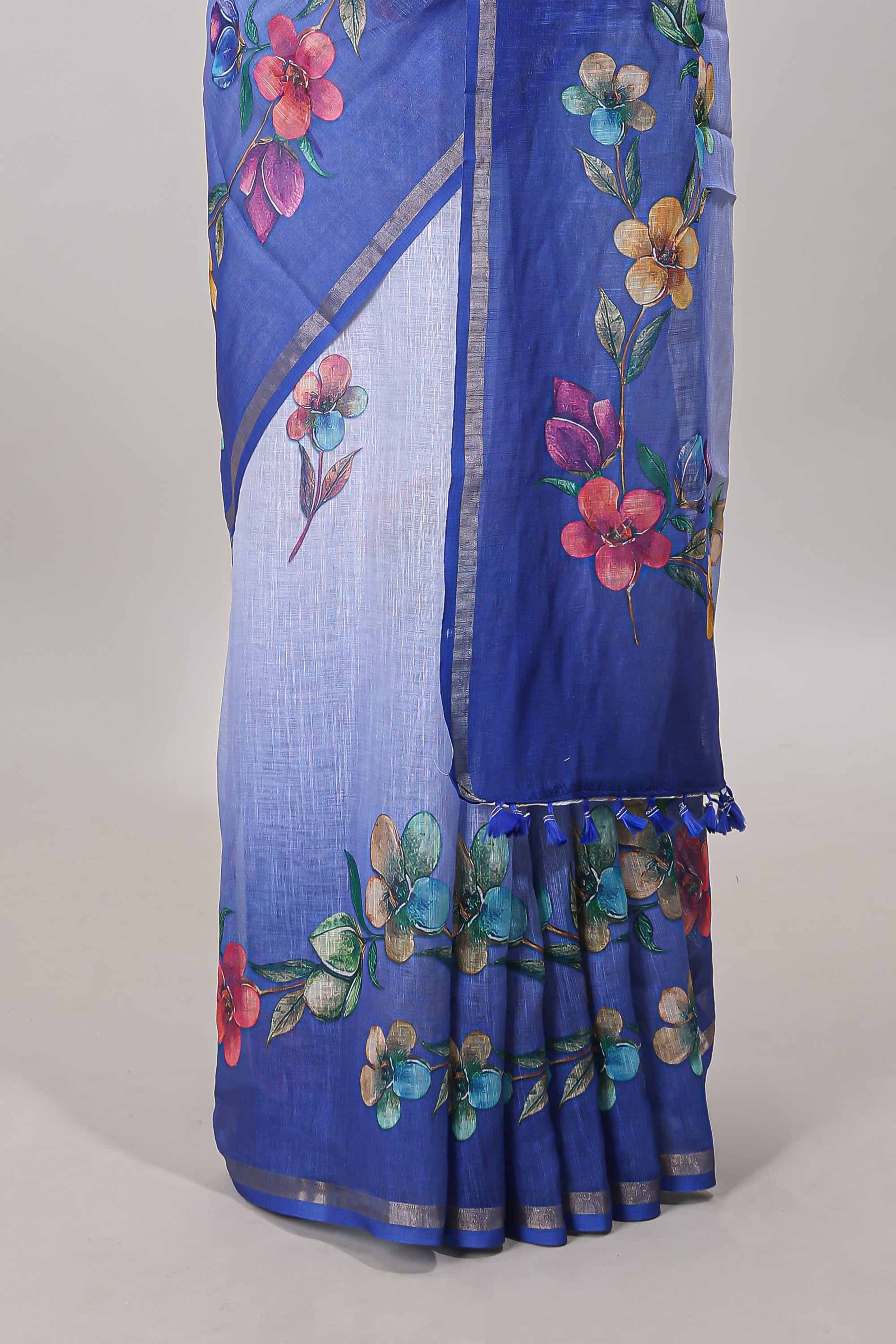 Blue floral vine design linen cotton saree with self zari border and matching printed blouse - Image 4