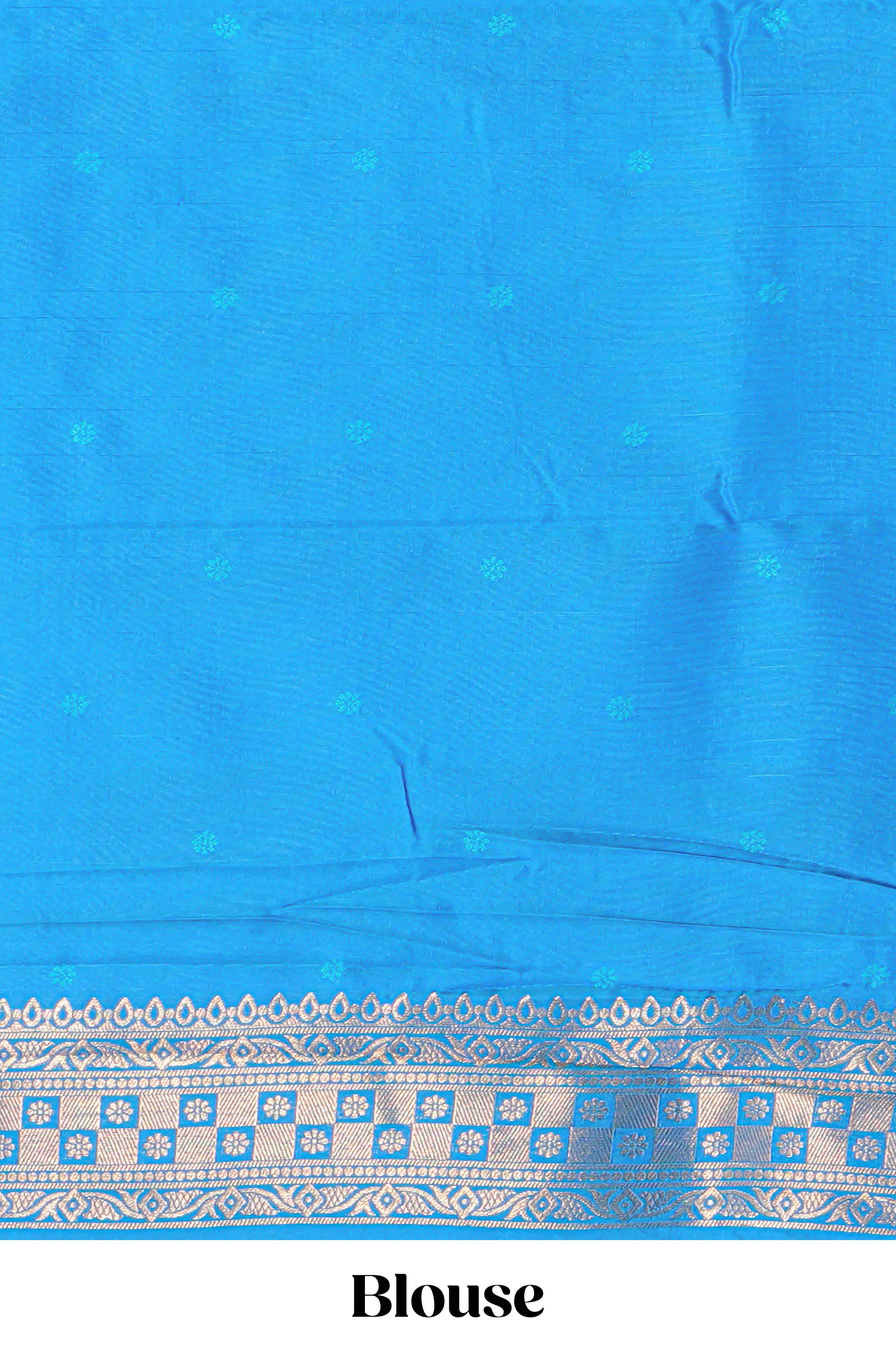 Blue floral zari motifs design semi soft silk saree with self border and matching blouse - Image 5