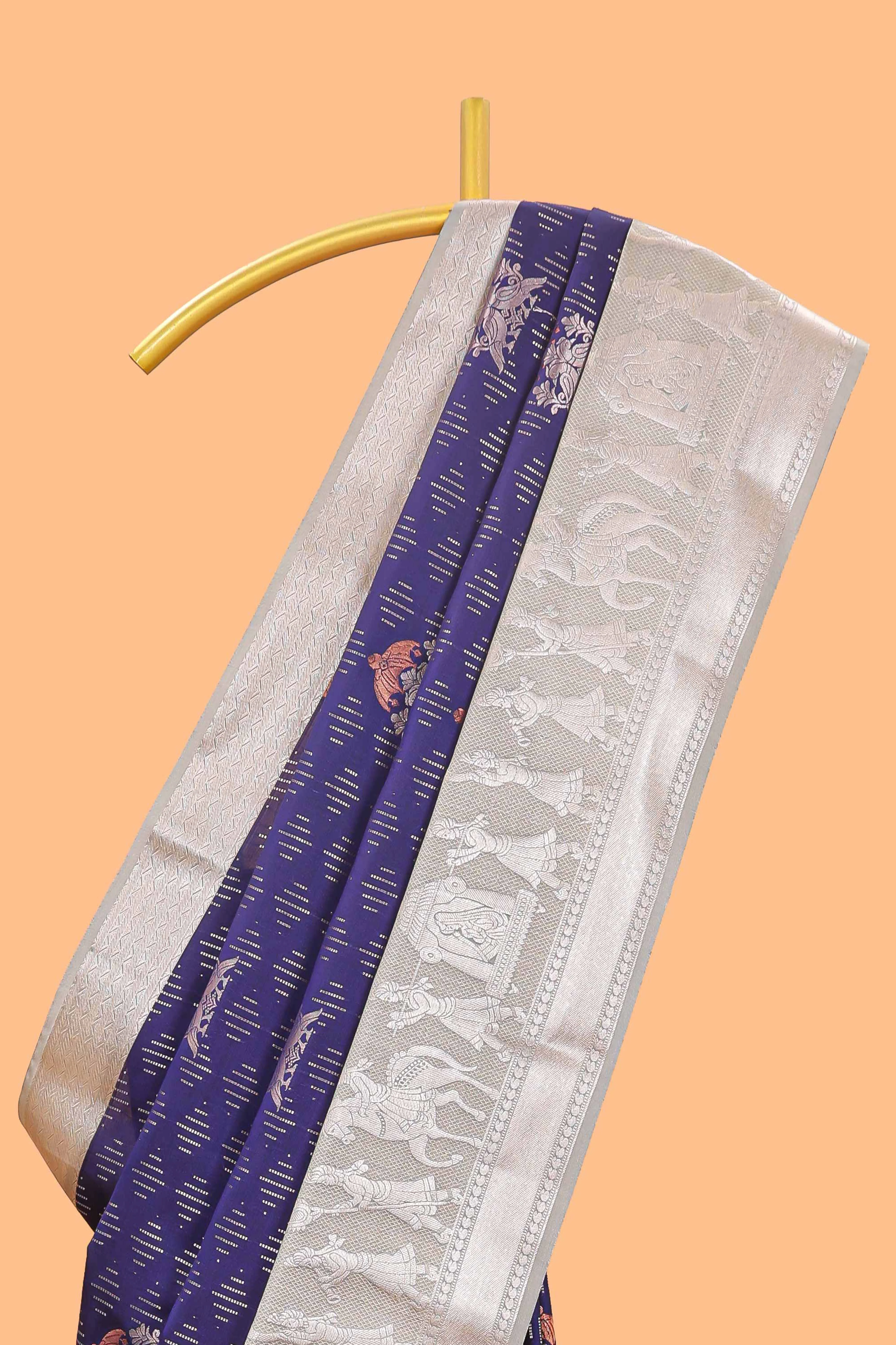 Blue geometric design birds zari motifs semi soft silk saree with contrast border and floral design pallu - Image 2