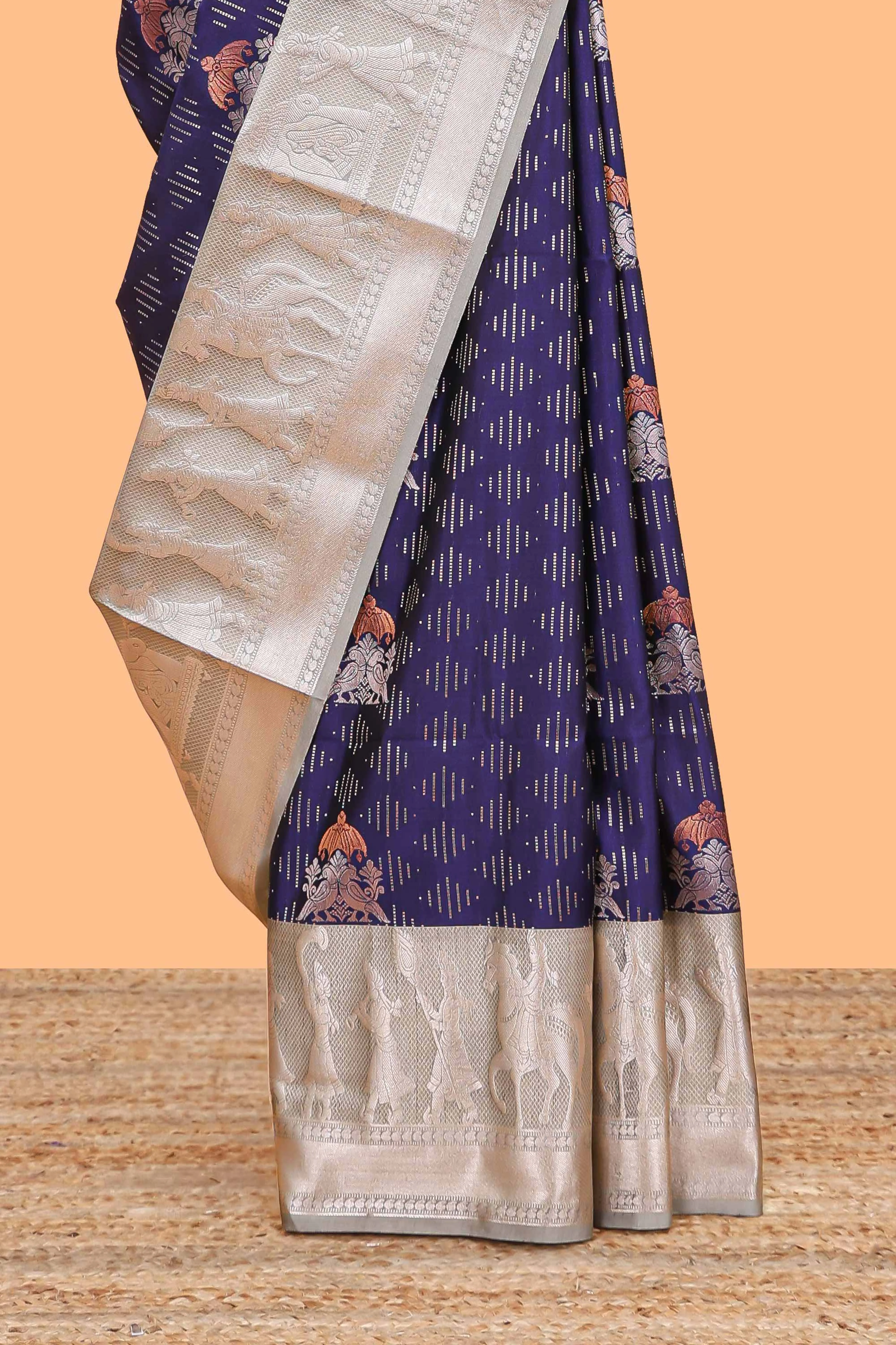 Blue geometric design birds zari motifs semi soft silk saree with contrast border and floral design pallu - Image 3