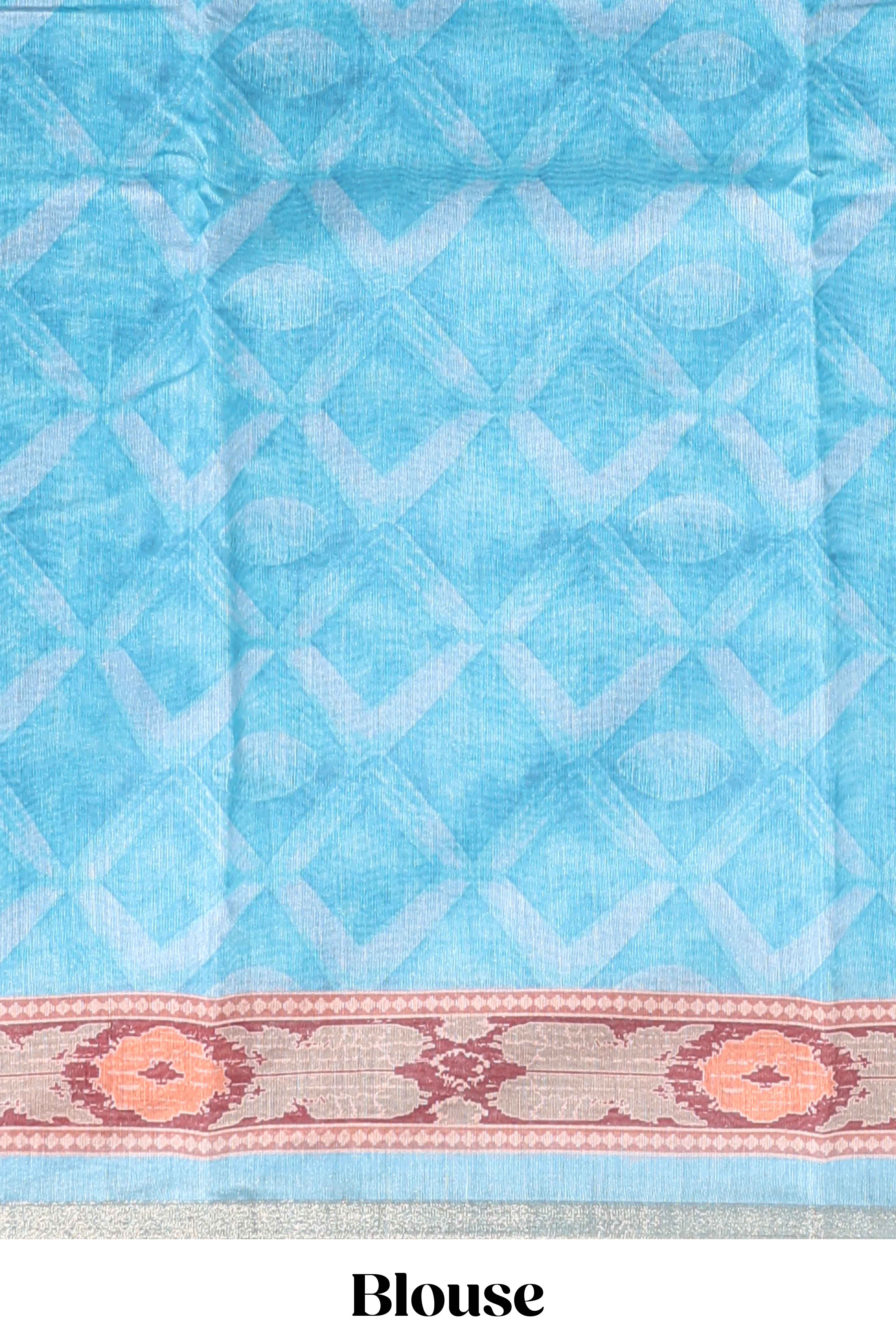 Blue geometric digital print linen cotton saree with self zari border and matching blouse - Image 5