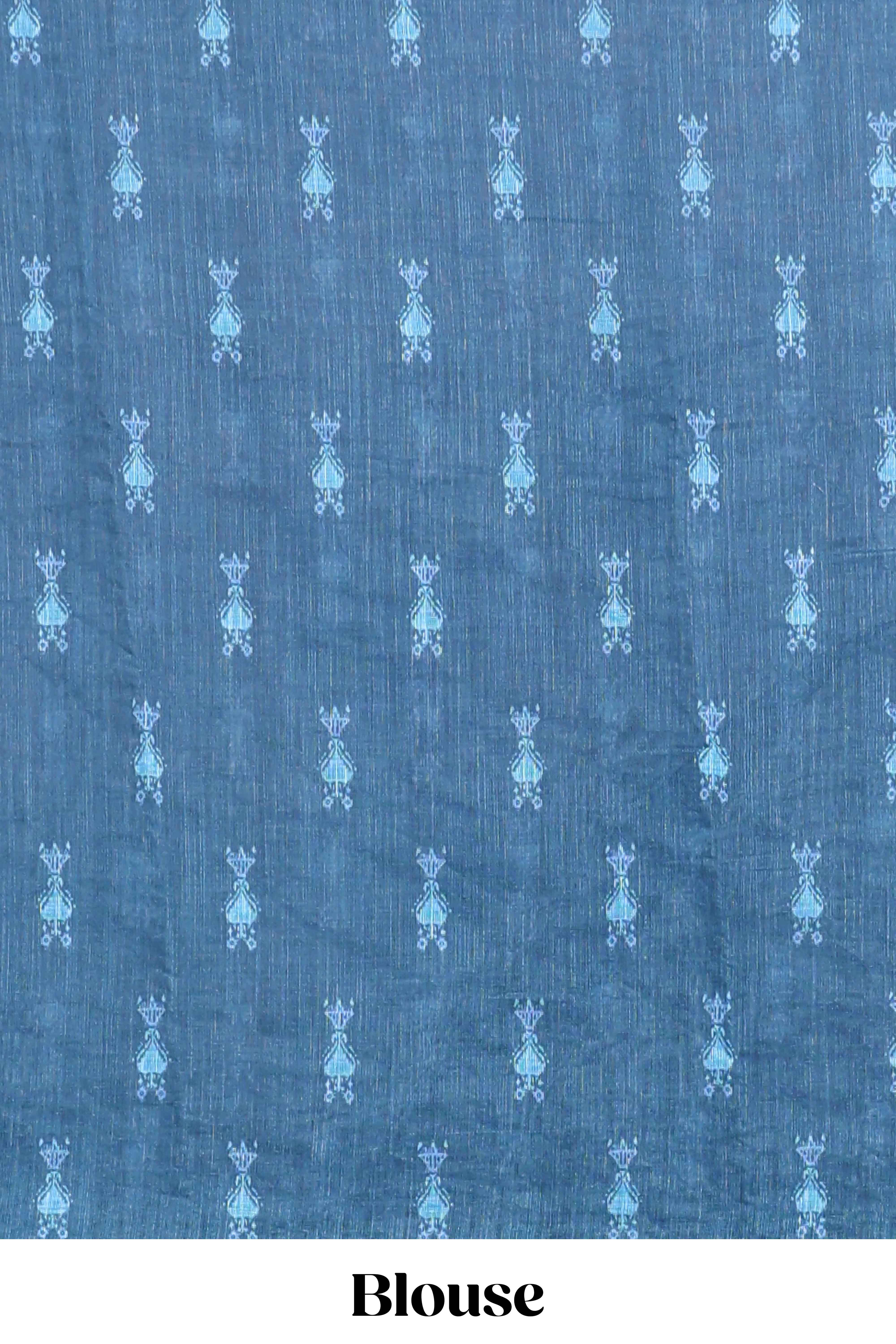 Blue geometric ikkat design linen cotton saree with contrast zari border and printed blouse - Image 5