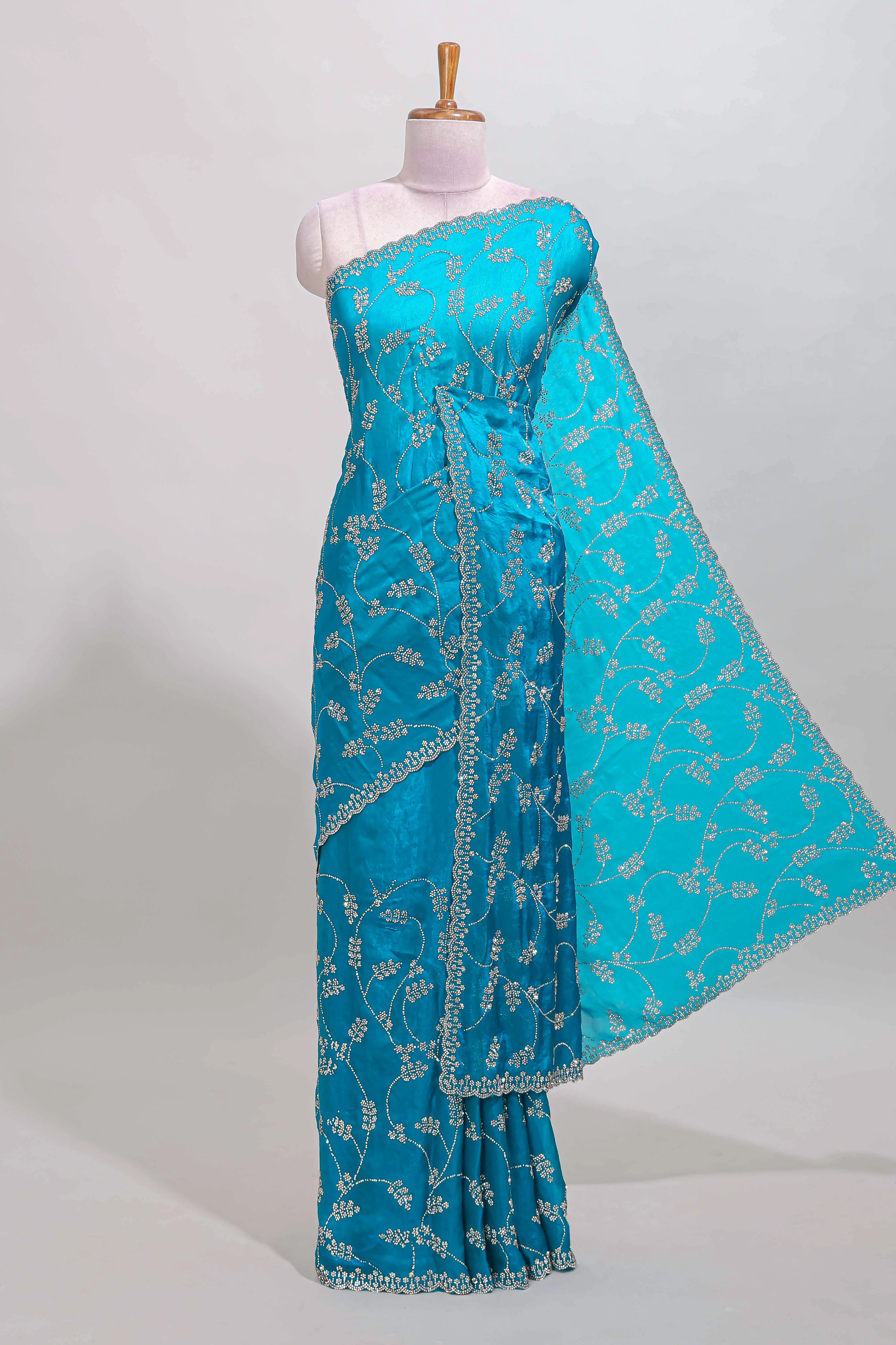 Blue floral vine stone work designer saree with self scallop border and matching blouse - Image 2