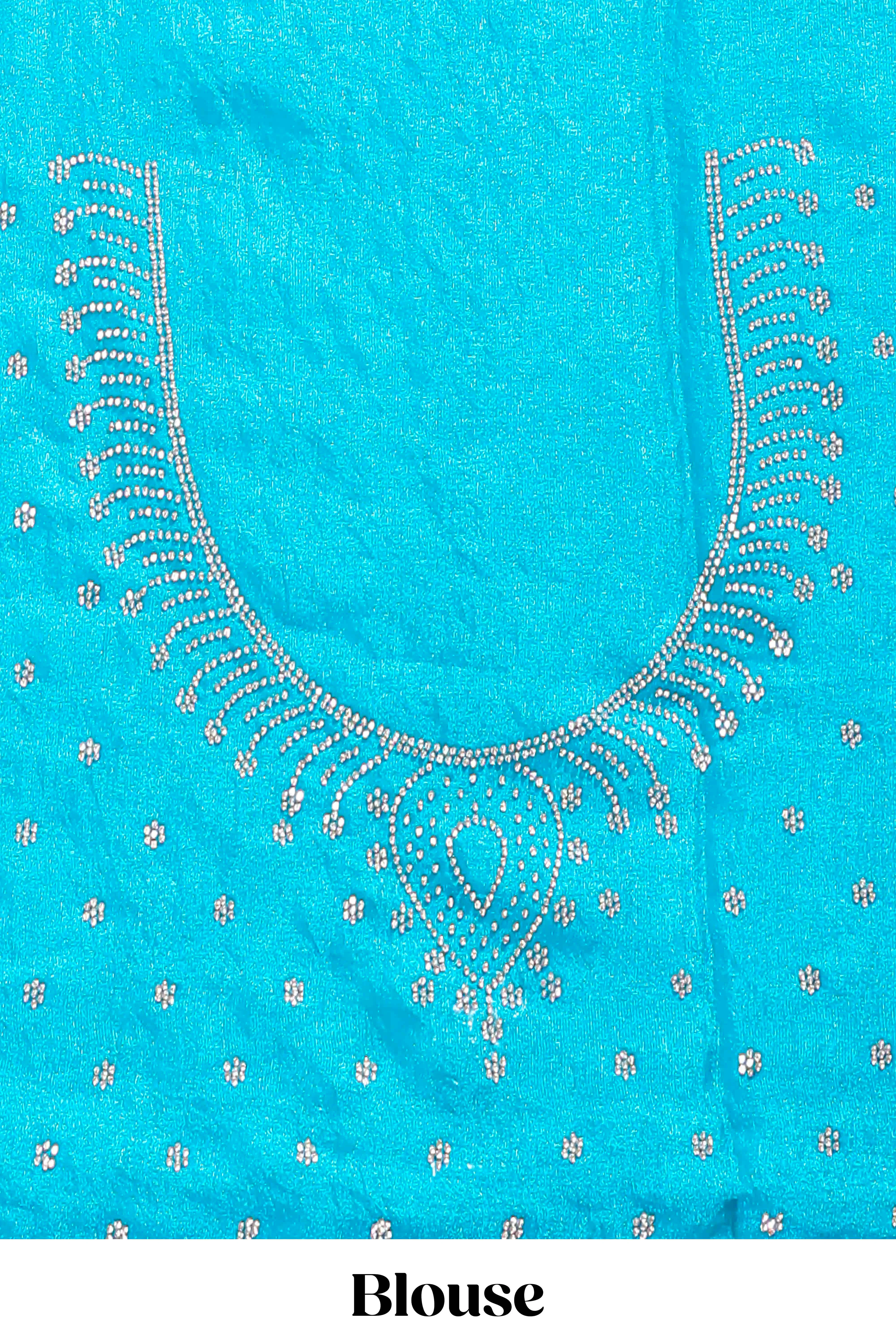 Blue floral vine stone work designer saree with self scallop border and matching blouse - Image 5