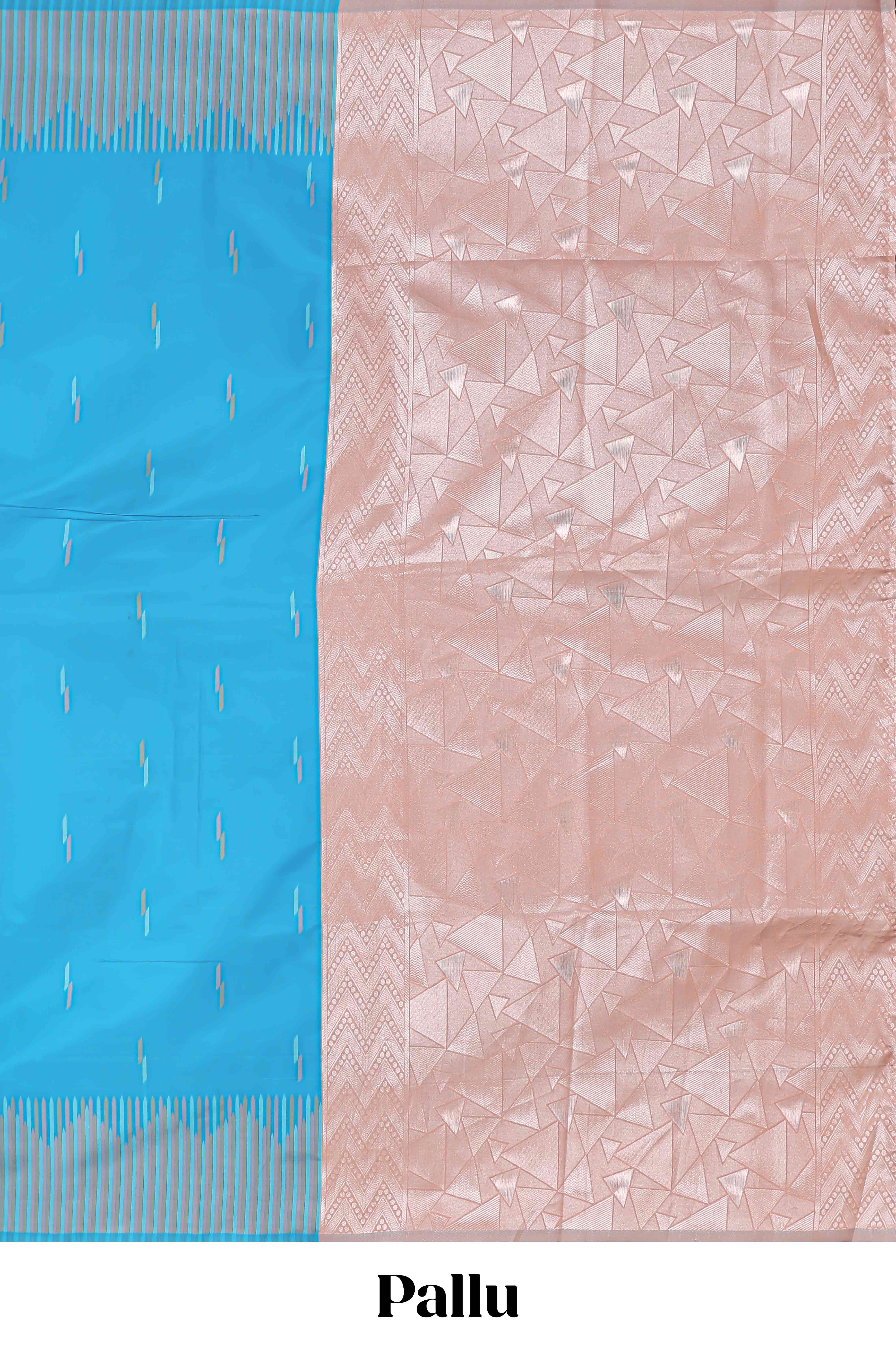 Blue geometric style motifs litchi silk saree with contrast striped border and blouse - Image 4