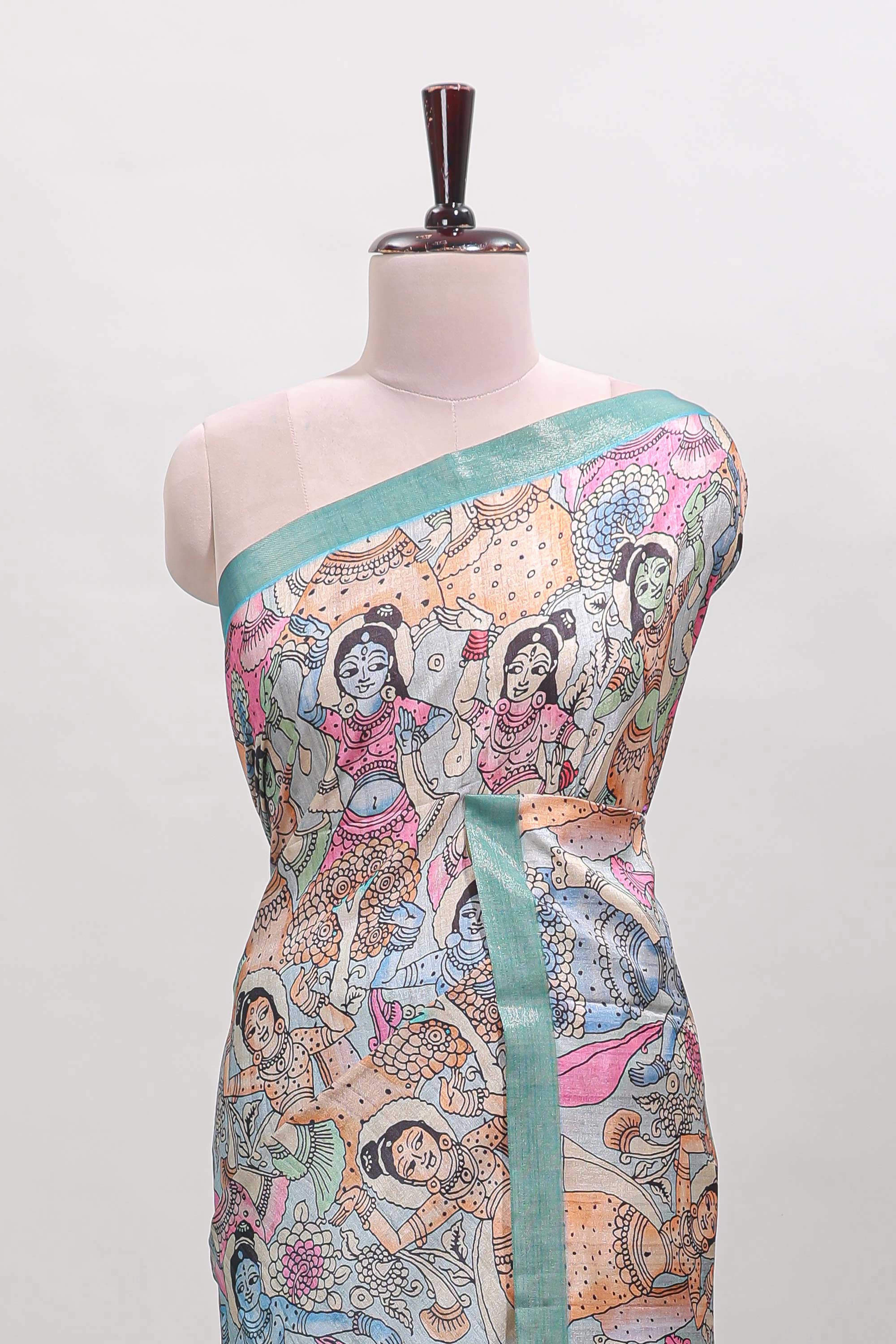 Blue kalamkari style art tussar saree with self zari border and blouse - Image 3