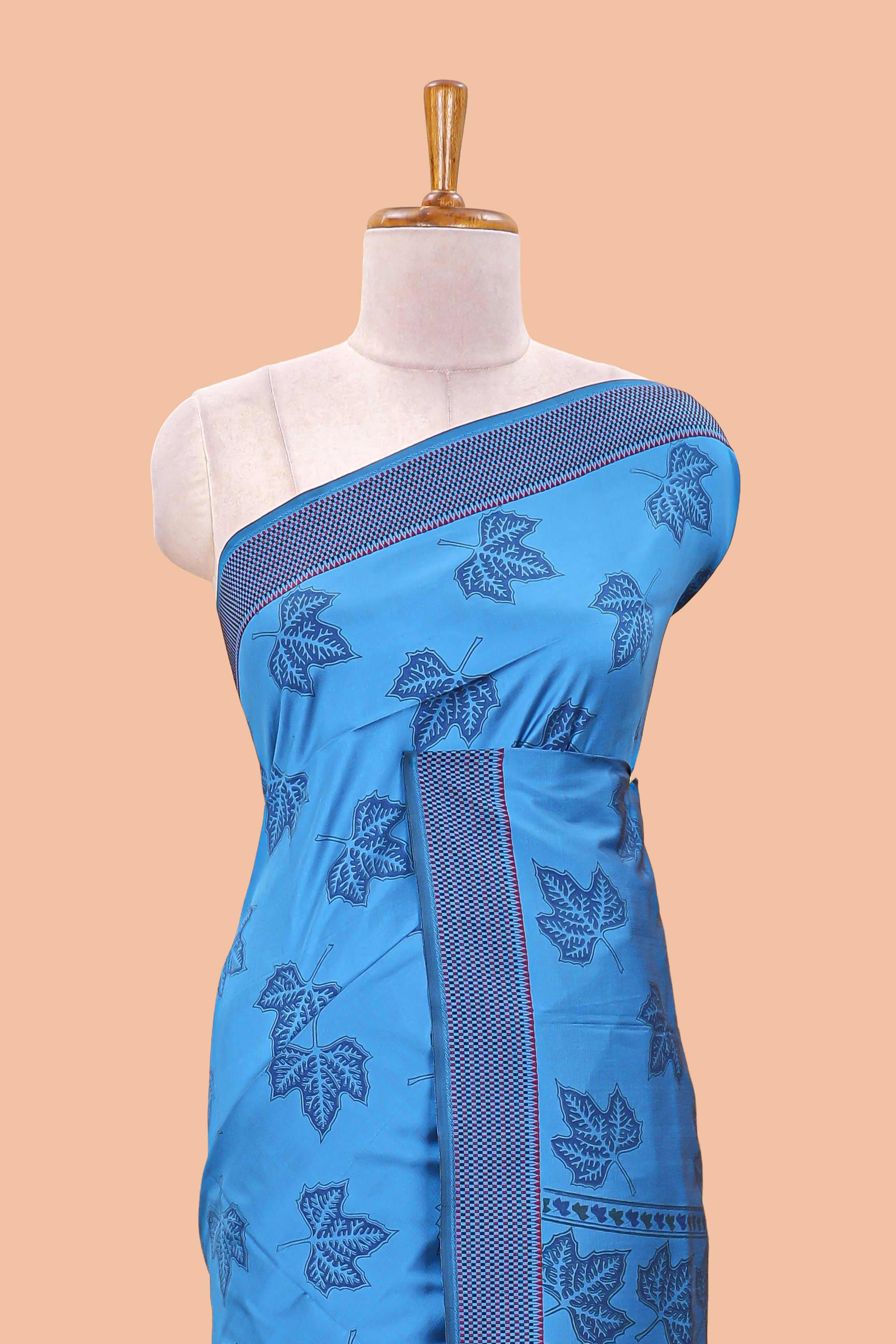 Blue leaf motifs poly cotton saree with self border and pallu - Image 3