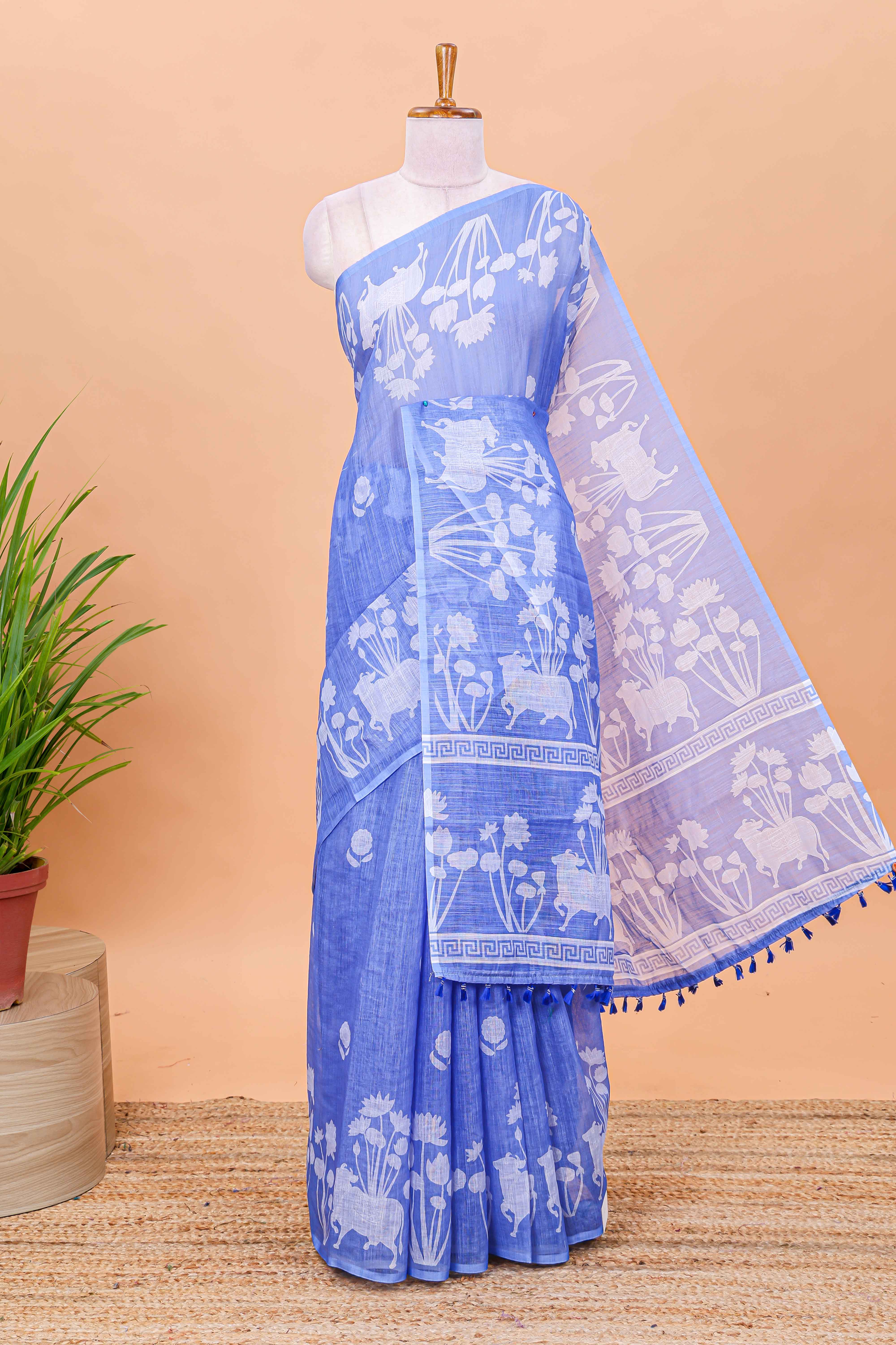 Blue Linen Cotton Body Flower Print With Border Pichwai and Lotus Flower Print and Printed Blouse