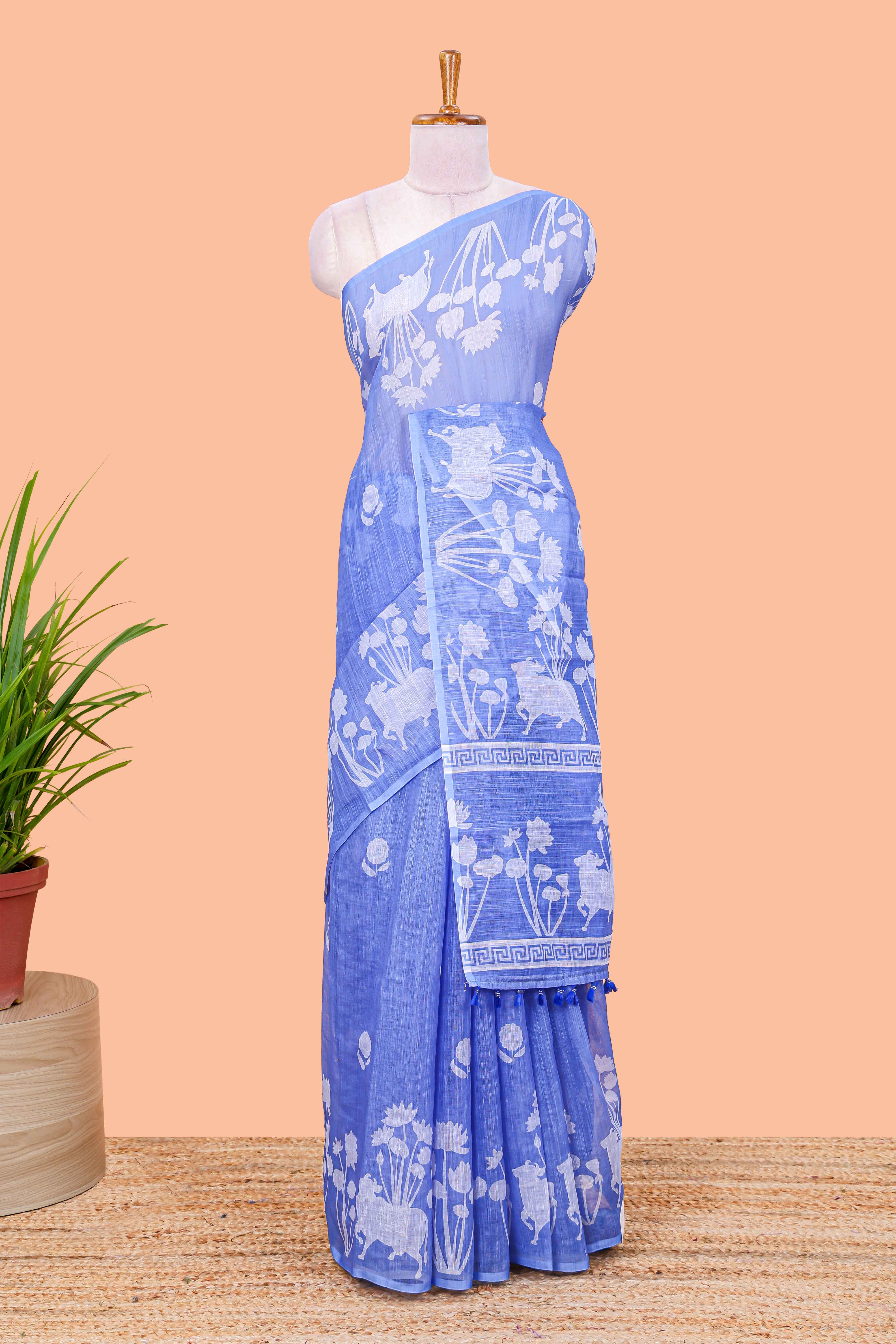 Blue Linen Cotton Body Flower Print With Border Pichwai and Lotus Flower Print and Printed Blouse - Image 2