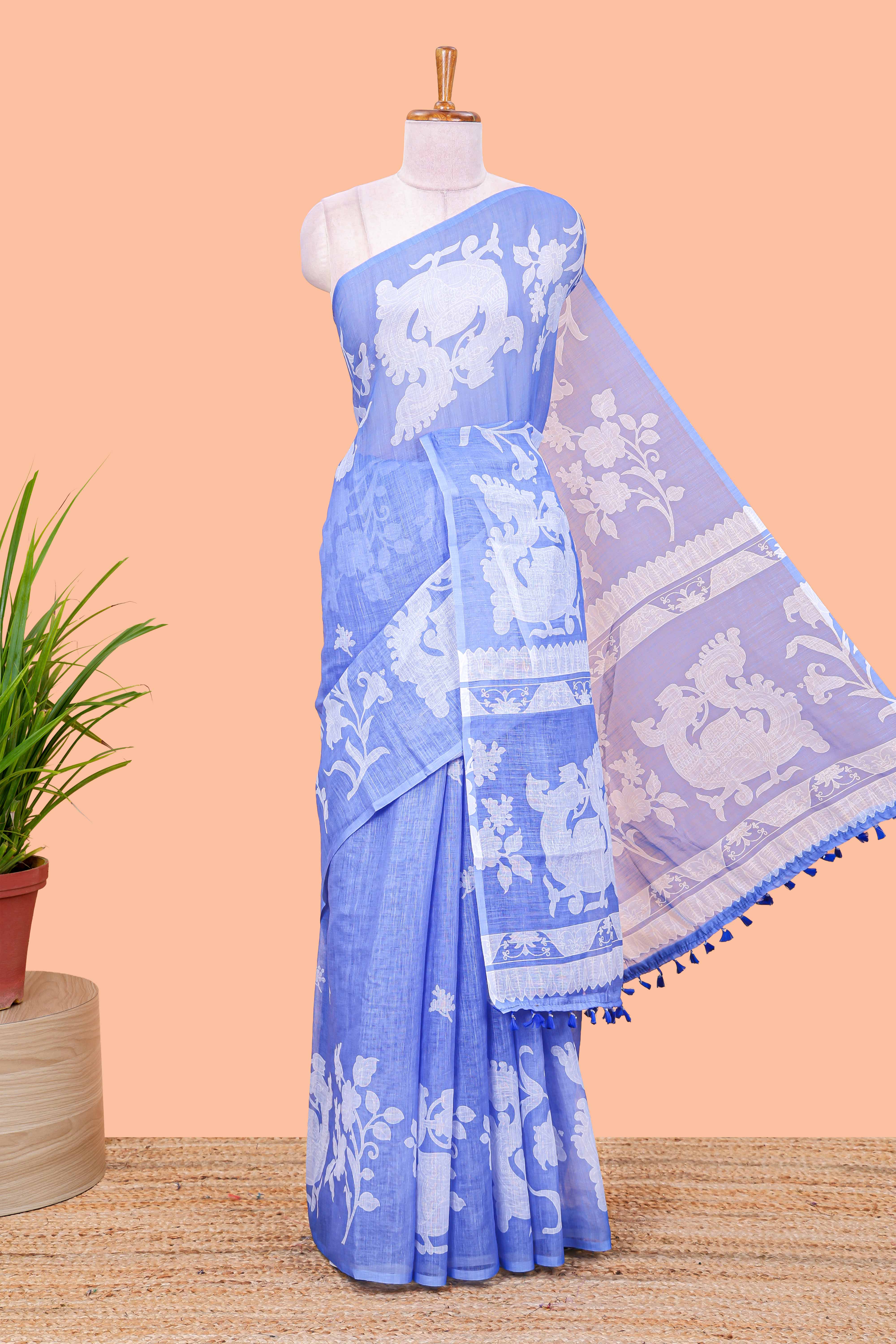 Blue linen cotton floral and birds print saree with self border and matching printed blouse - Image 2