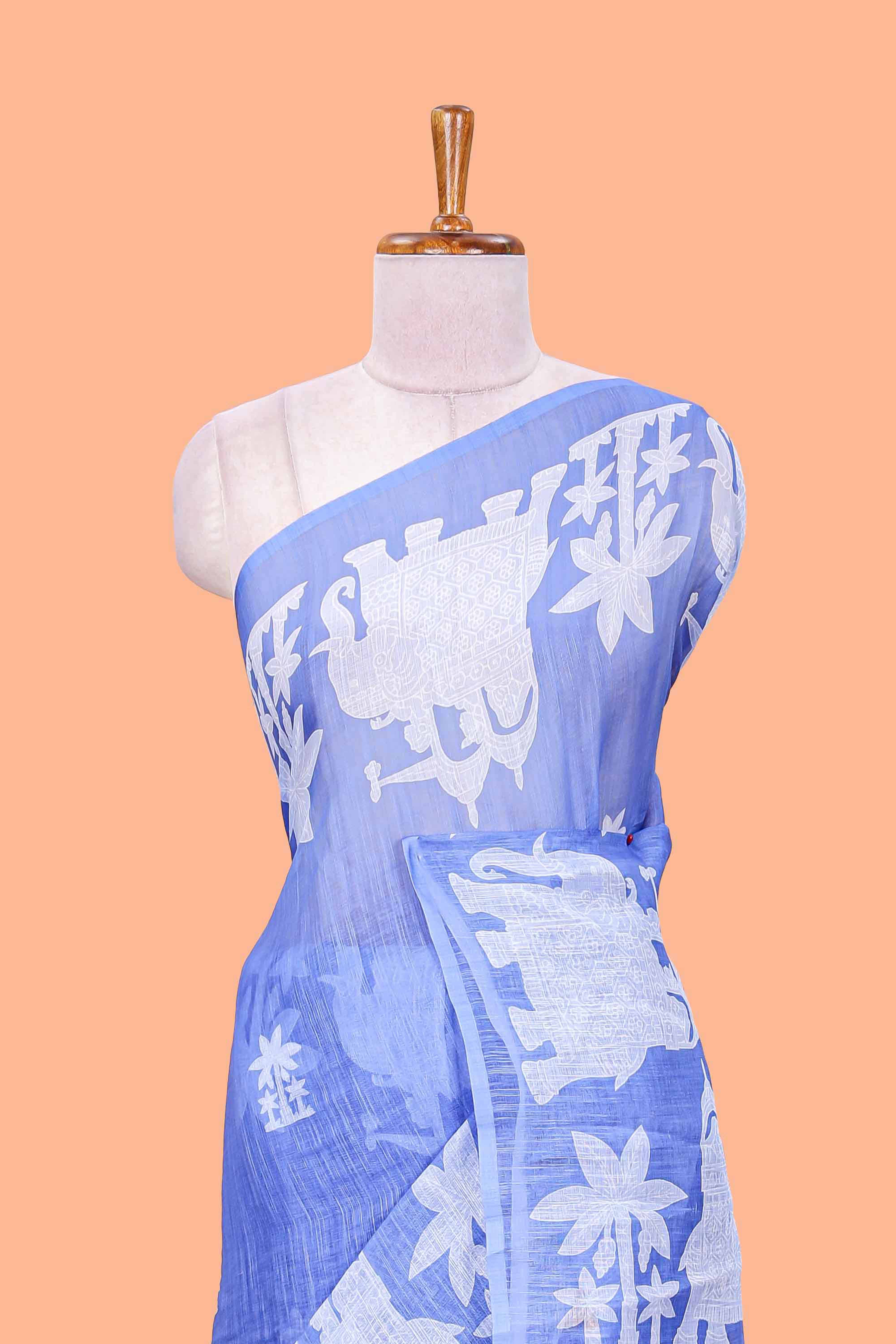Blue linen cotton palm tree and elephant print saree with self border and matching printed blouse - Image 3