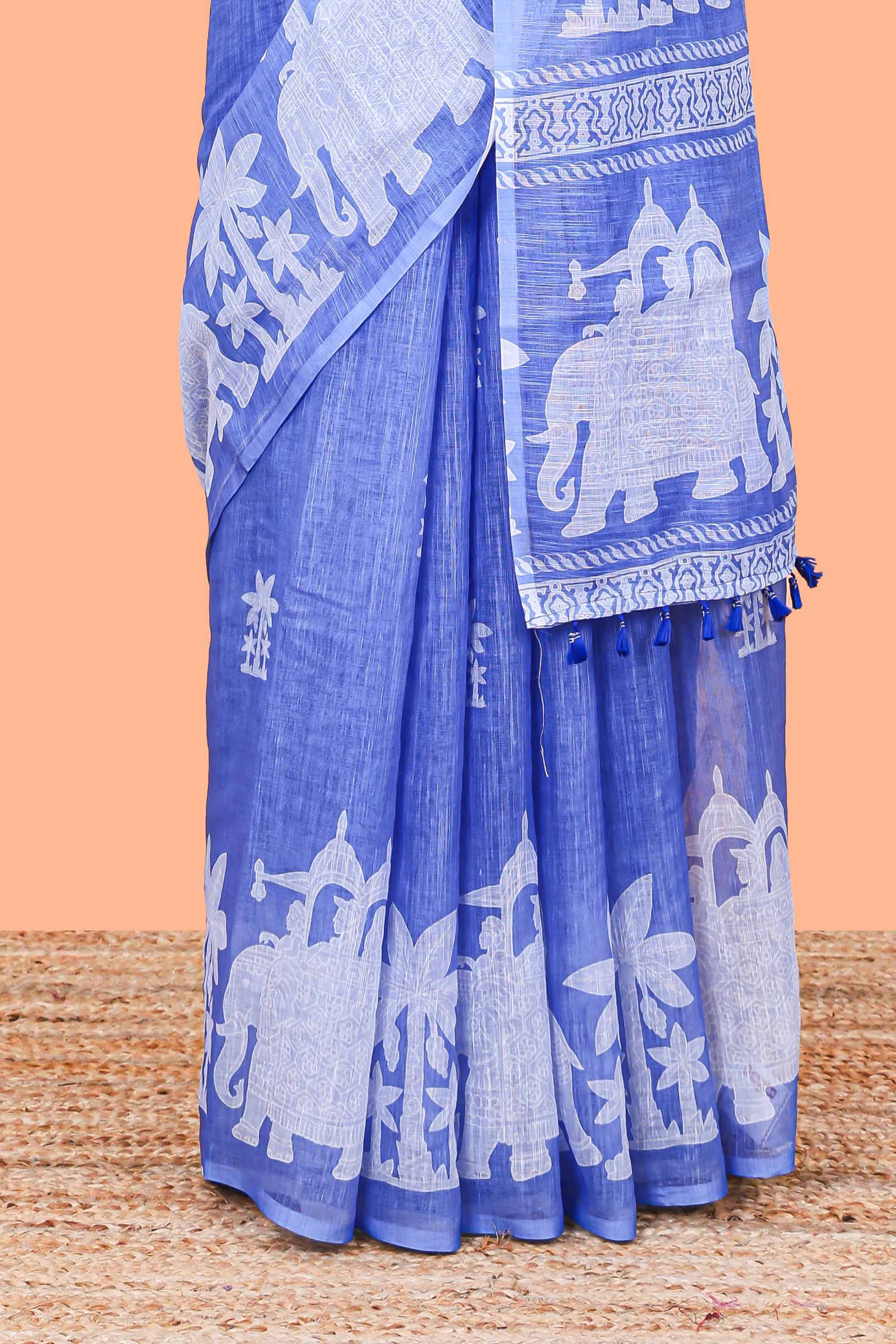 Blue linen cotton palm tree and elephant print saree with self border and matching printed blouse - Image 4