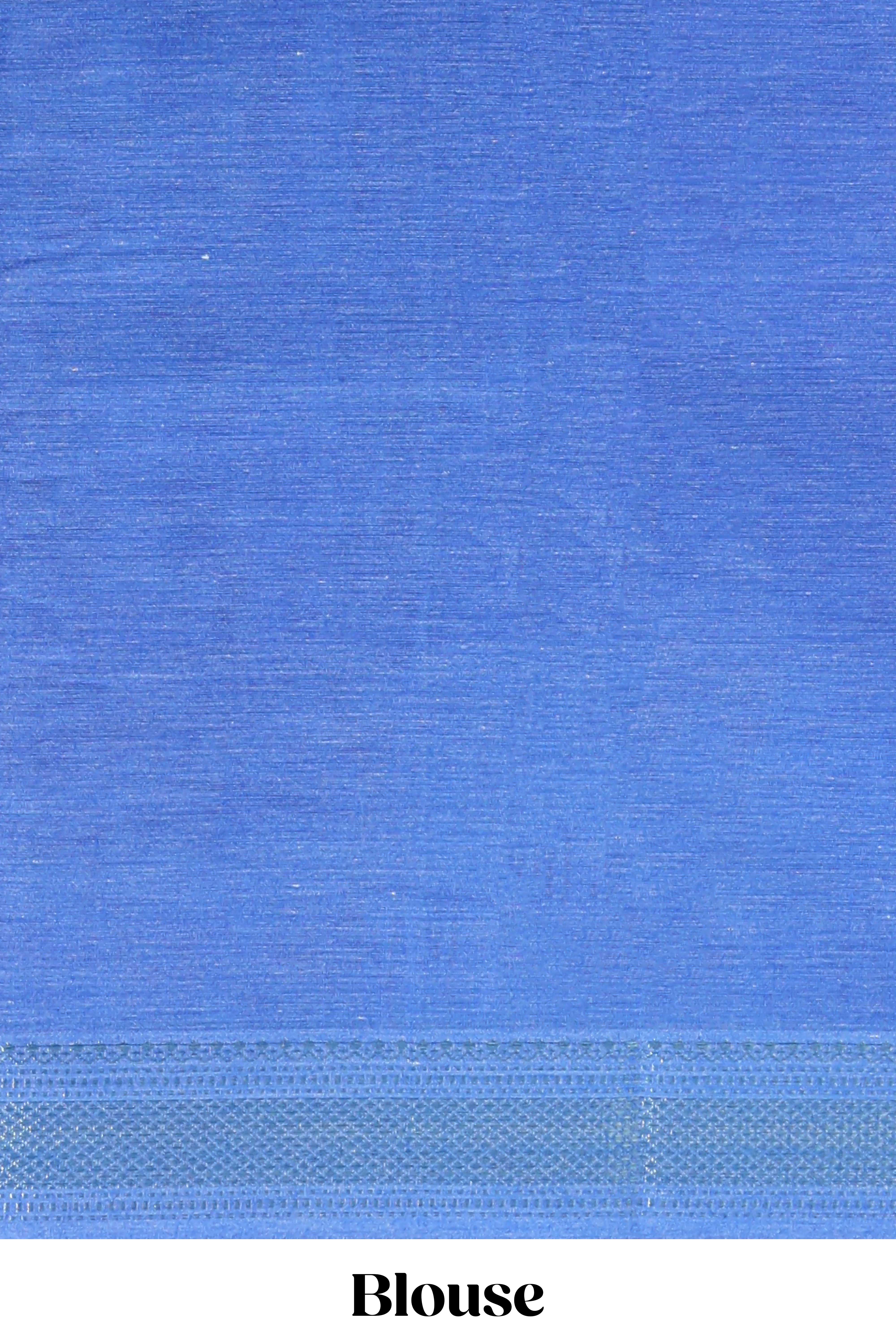 Blue linen cotton saree chevron printed with floral printed border and plain blouse - Image 5