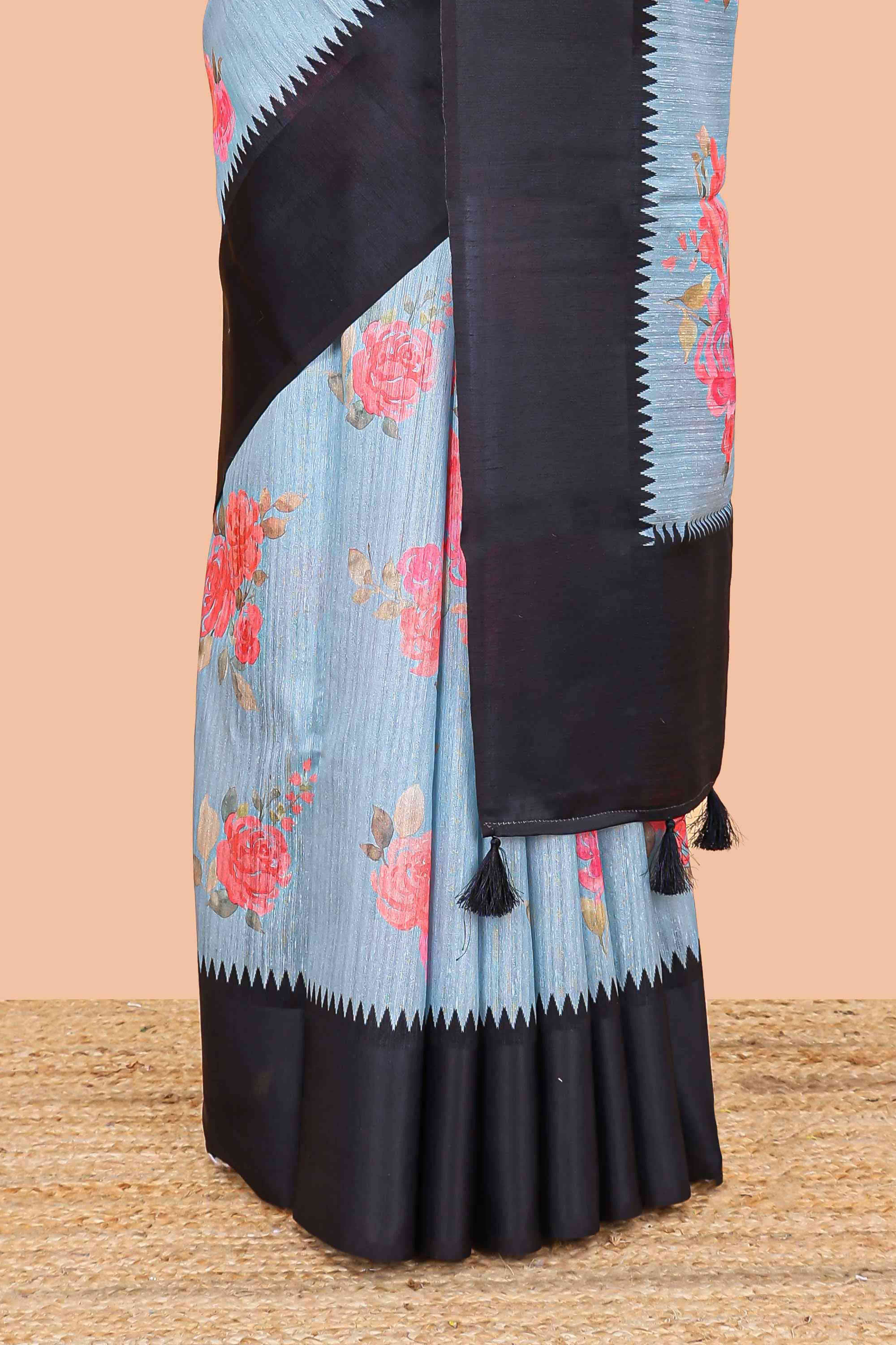 Blue linen cotton saree with floral digital print, contrast temple border and pallu - Image 4