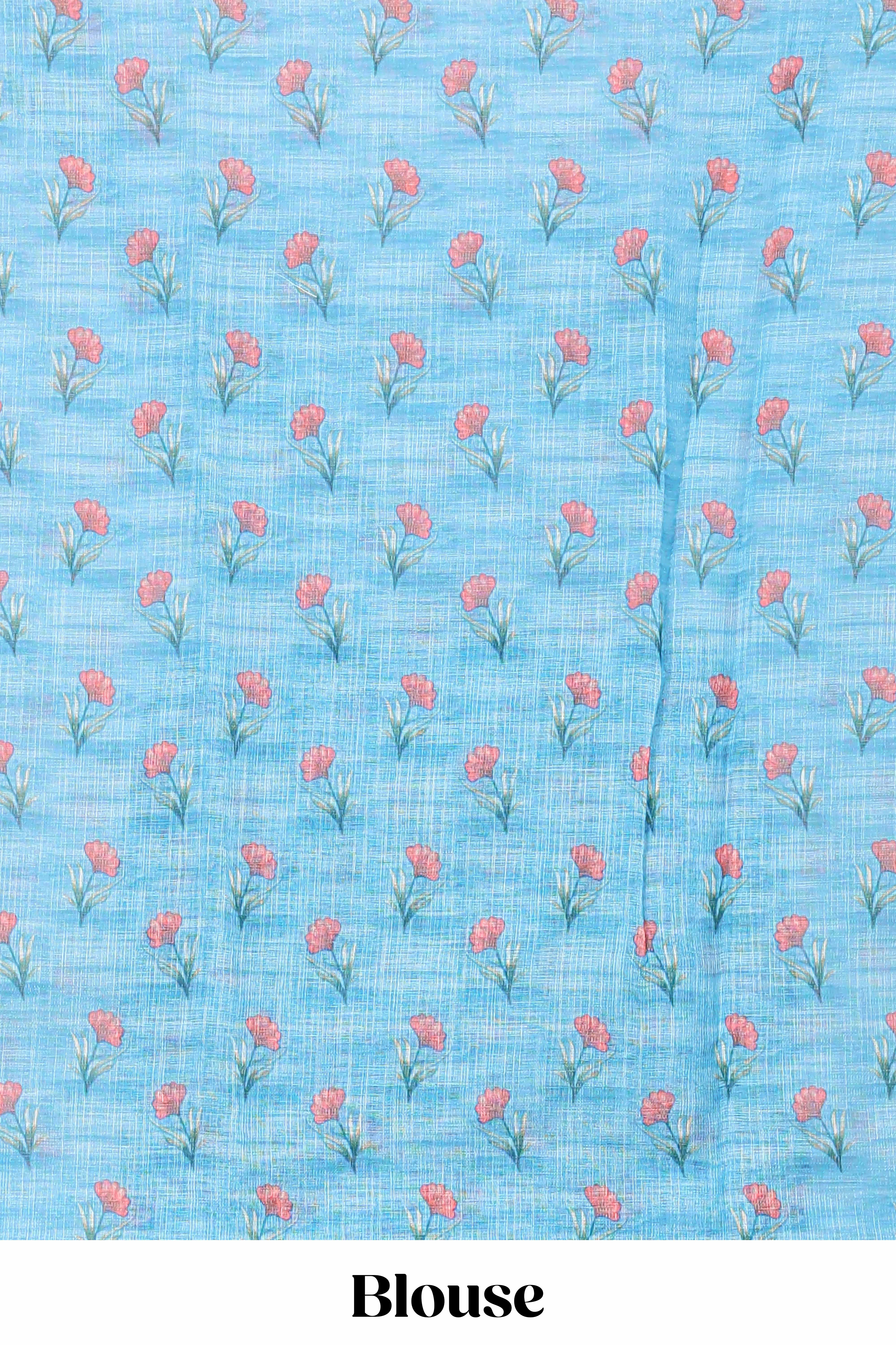 Blue linen cotton saree with floral vines print, zari border and printed blouse - Image 5