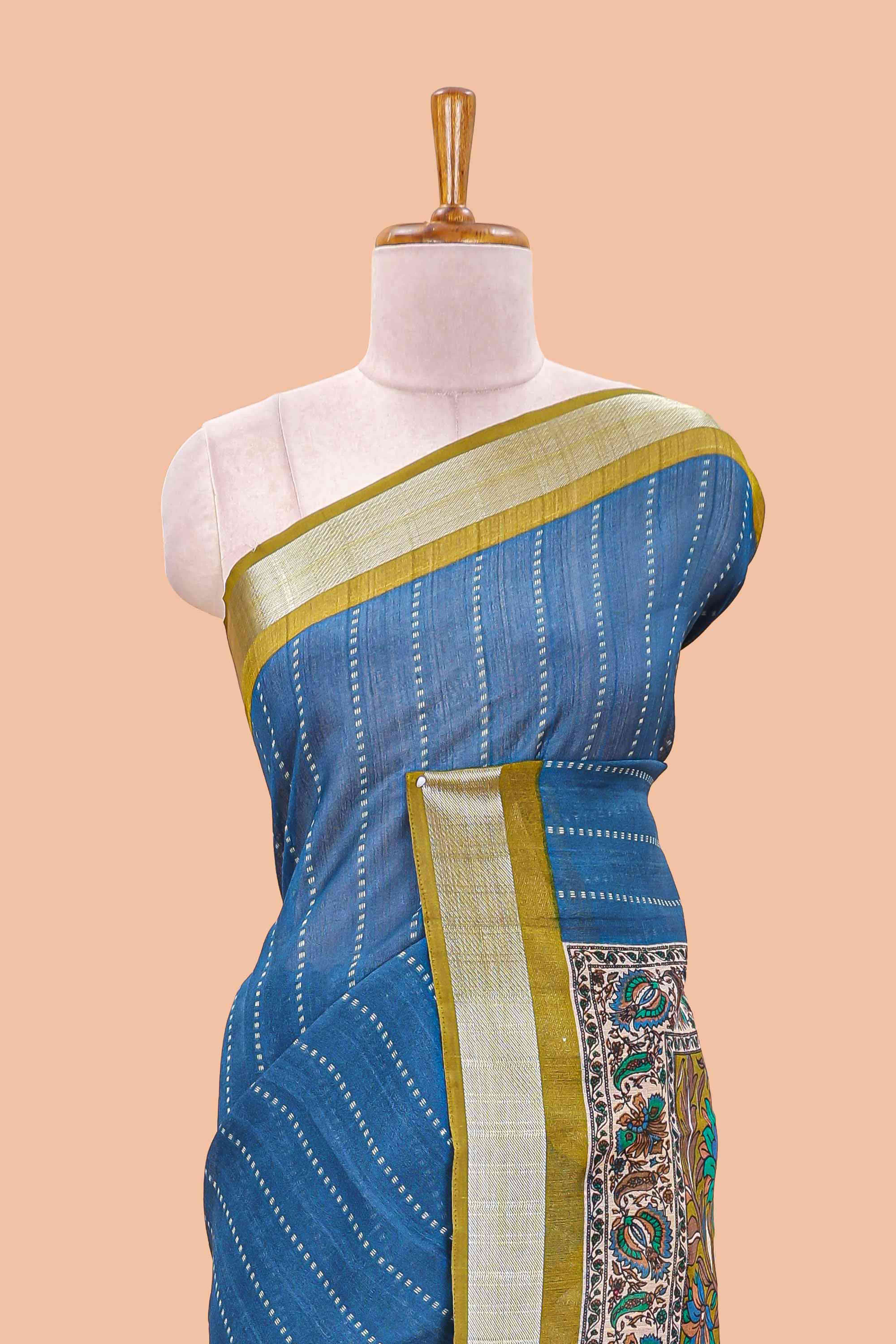 Blue linen cotton striped saree with contrast silver zari border and kalamkari pallu - Image 3