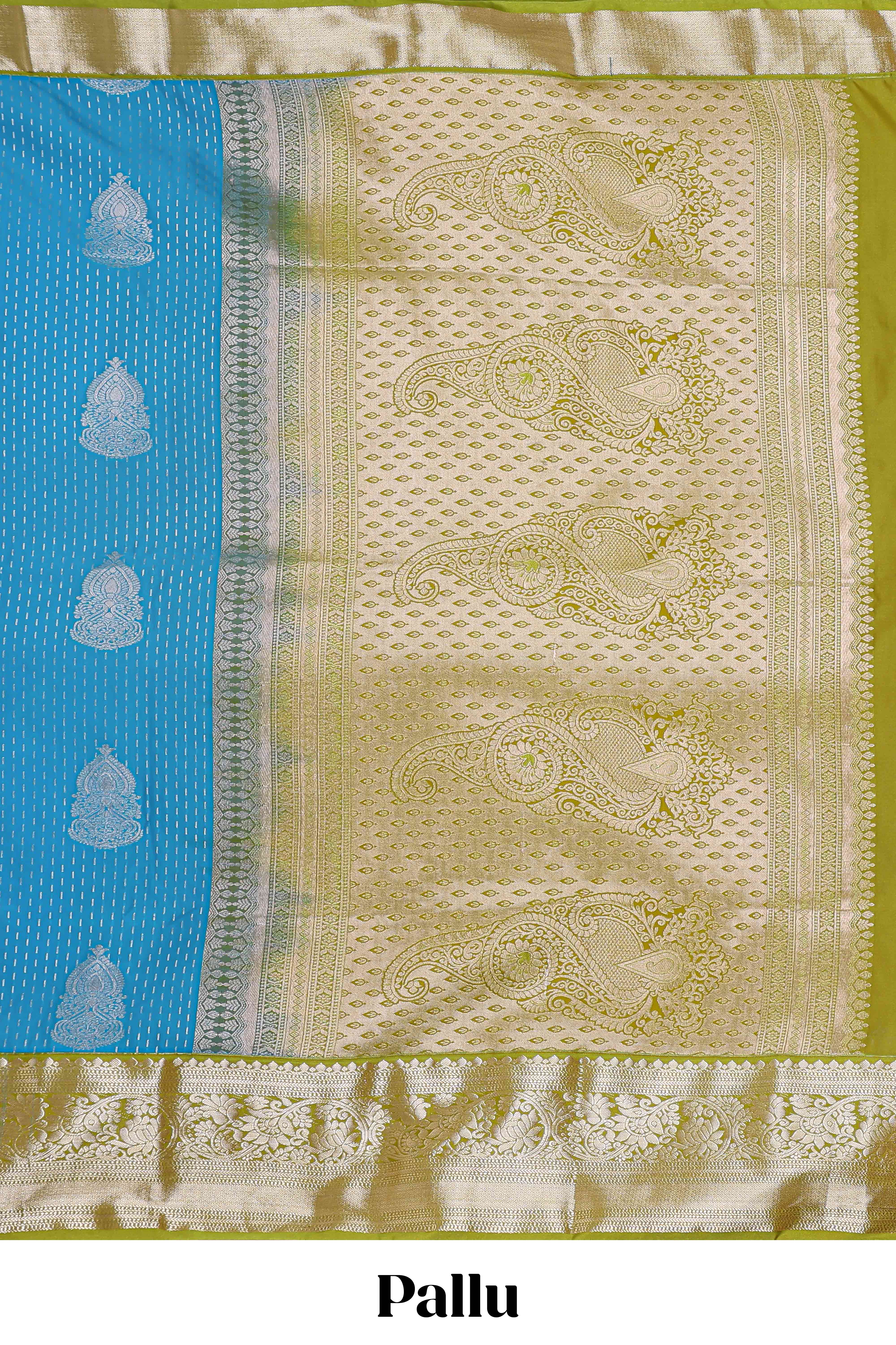 Blue zari butta design semi soft silk saree with contrast border and pallu - Image 4
