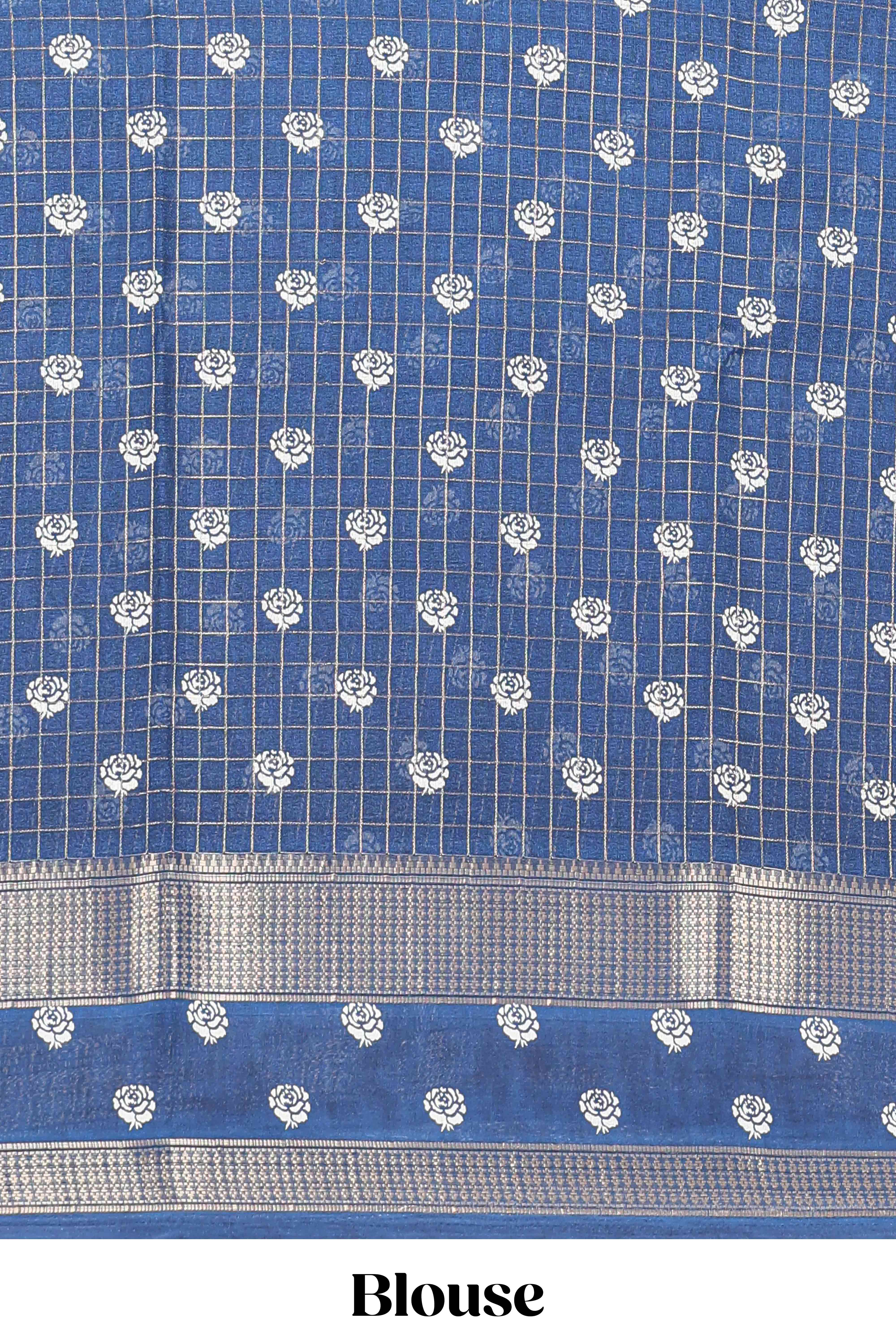 Blue marsh georgette saree with zari checks and floral printed pallu - Image 5
