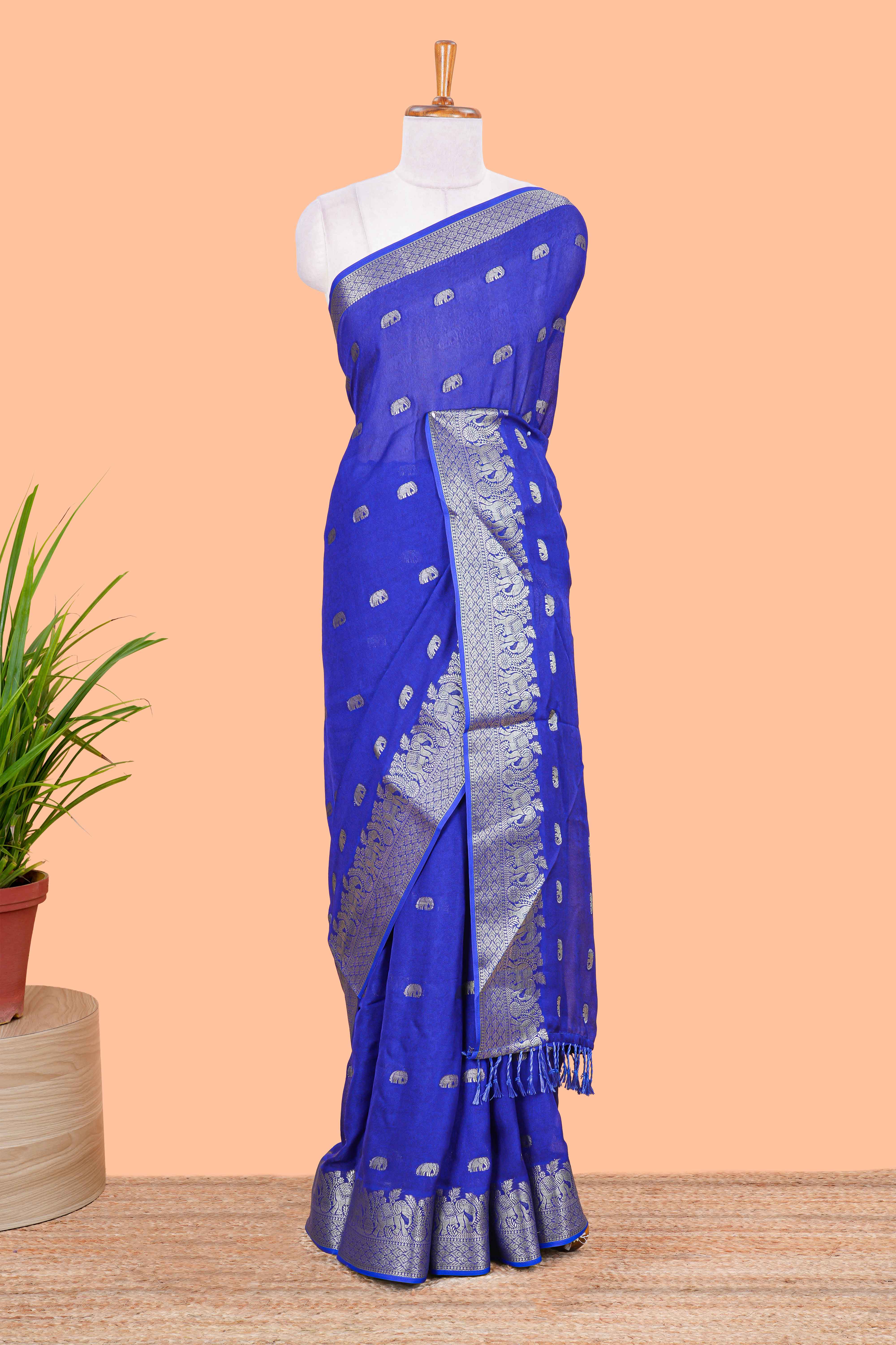 Blue marsh mallow saree with elephant butta and zari border, comes with contrast zari butta blouse - Image 2
