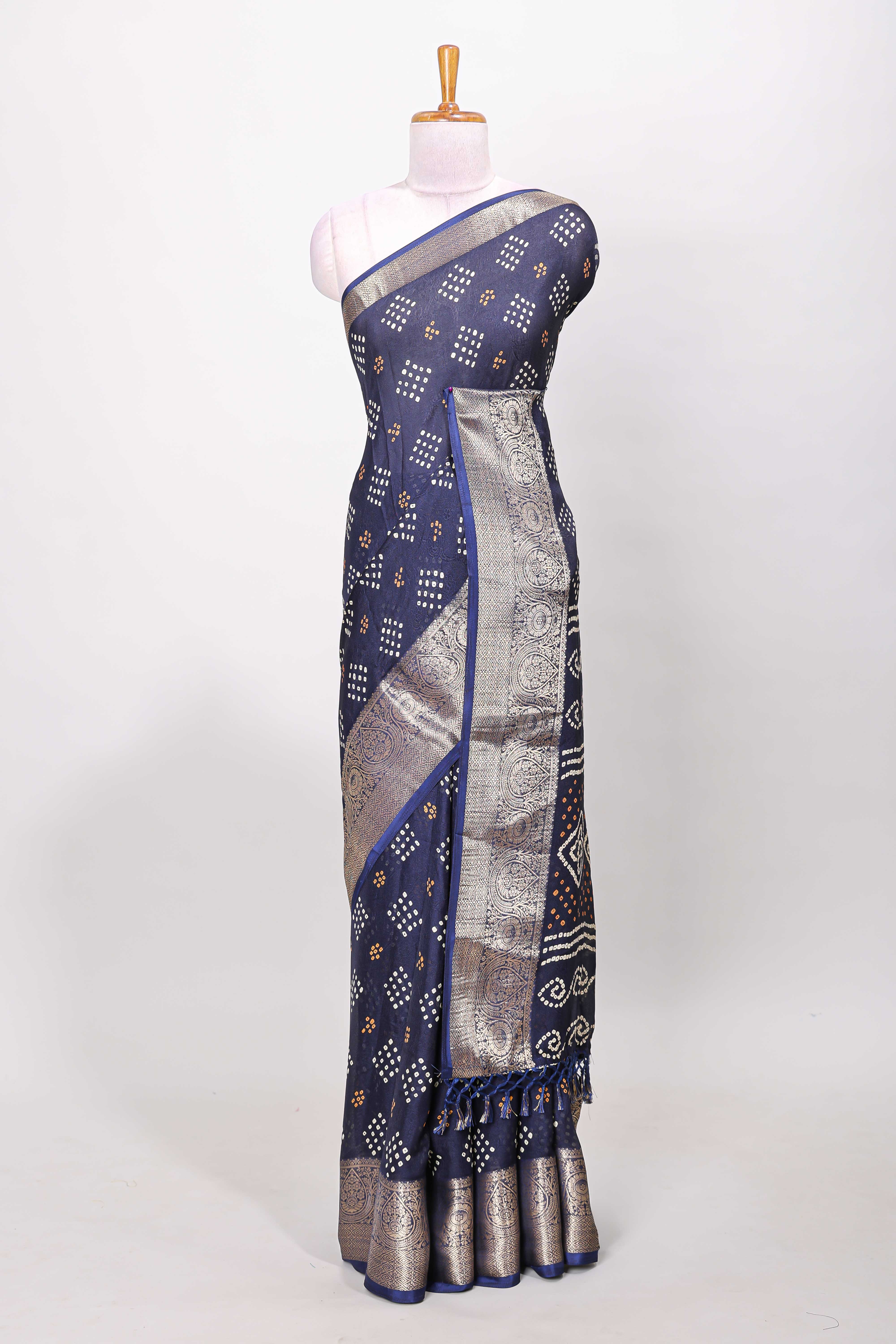 Blue marsh mellow bandhani dot saree with gold zari border and butta blouse - Image 2