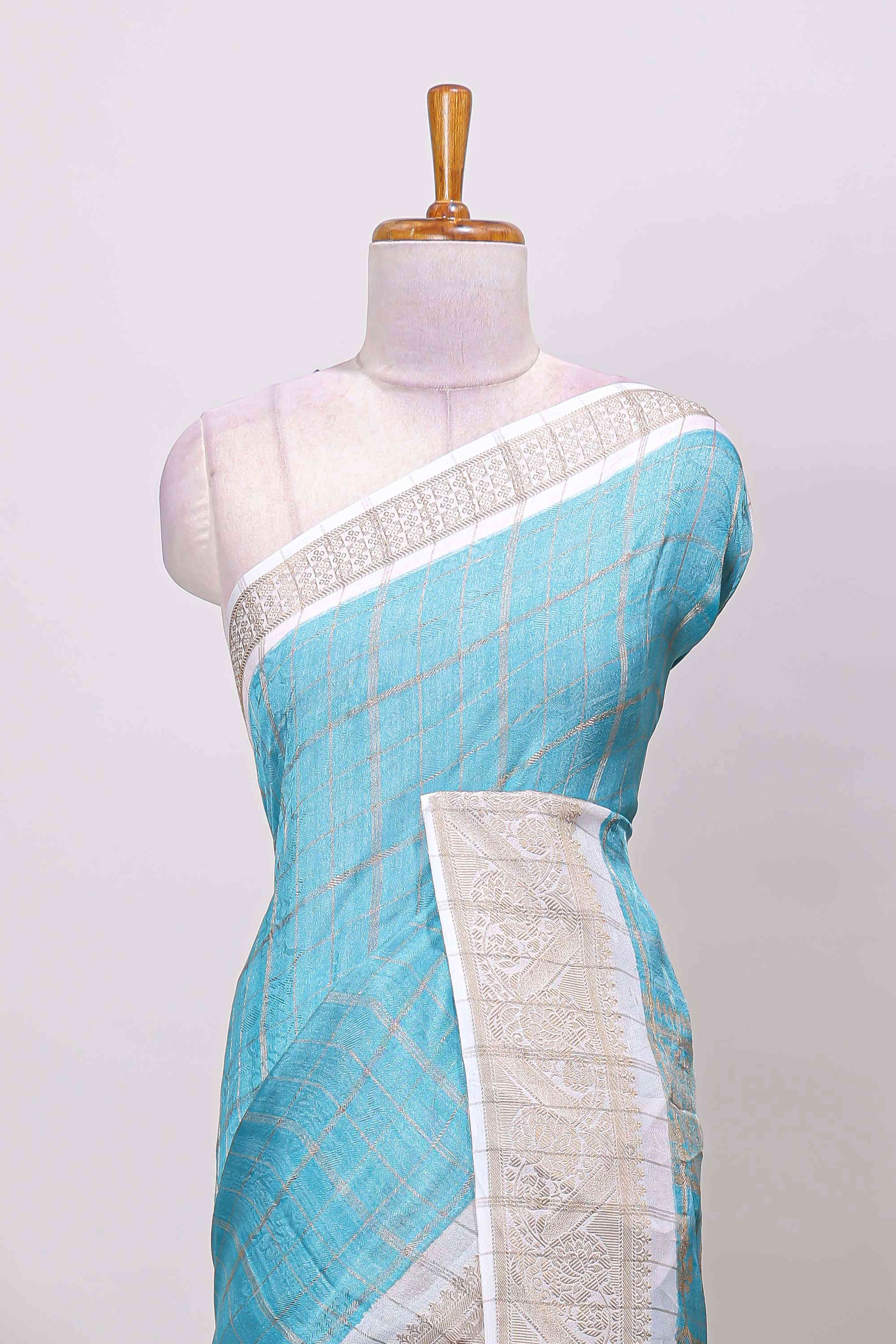 Blue marsh mellow saree with gold zari checks and contrast floral printed blouse - Image 3