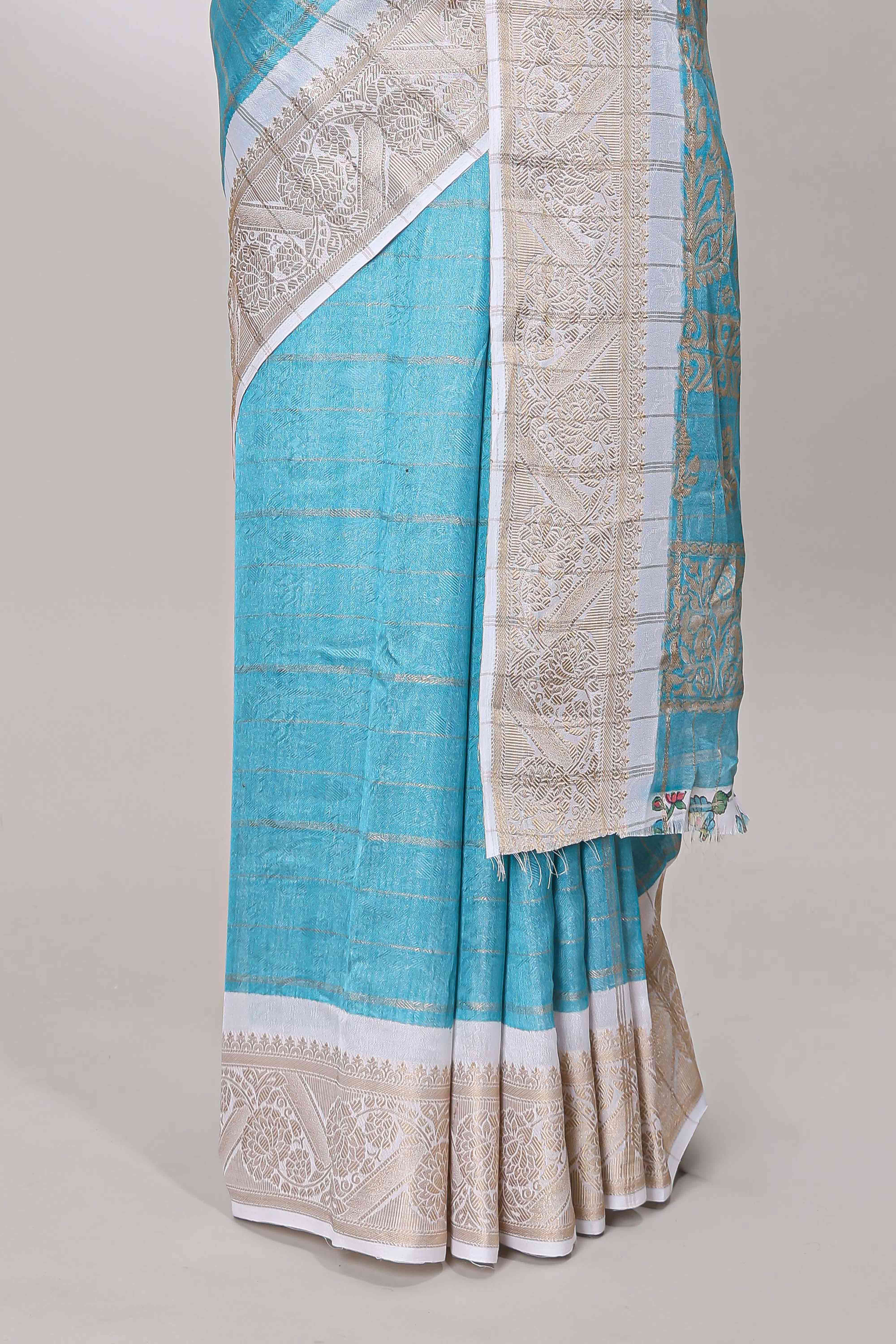 Blue marsh mellow saree with gold zari checks and contrast floral printed blouse - Image 4