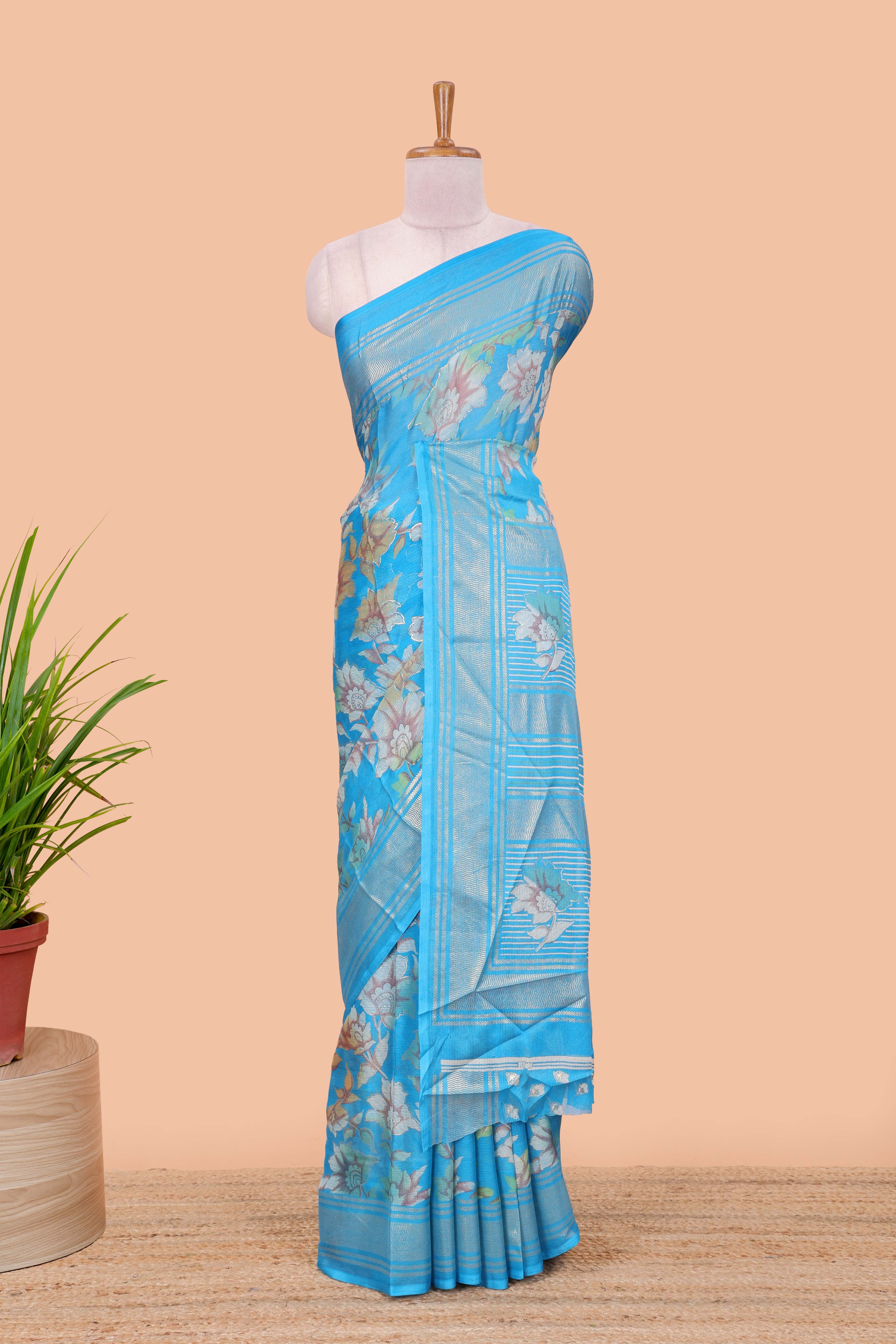 Blue moss chiffon floral print saree with gold zari border and pallu - Image 2