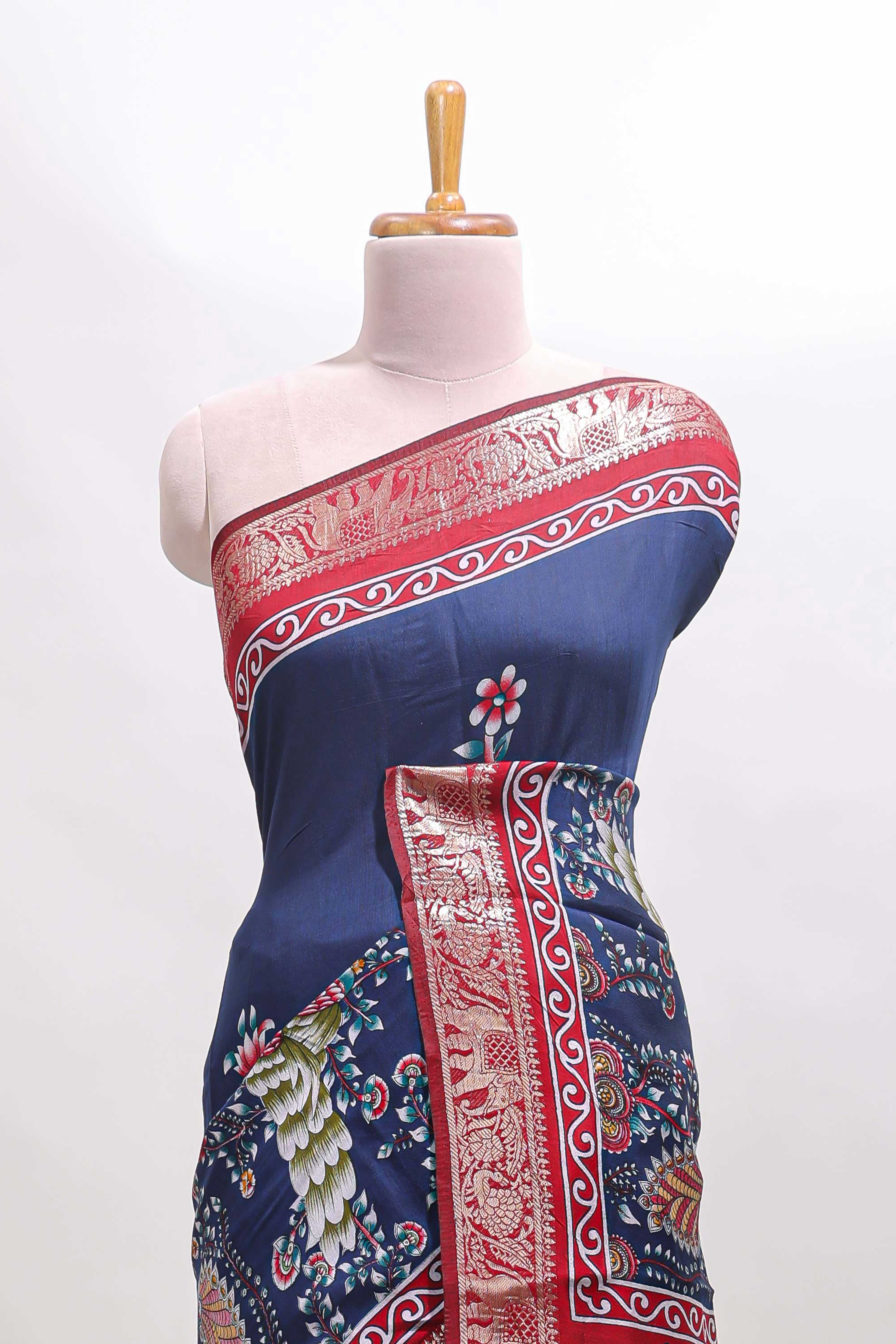 Blue peacock & floral design marsh mellow saree with contrast border and printed blouse - Image 3