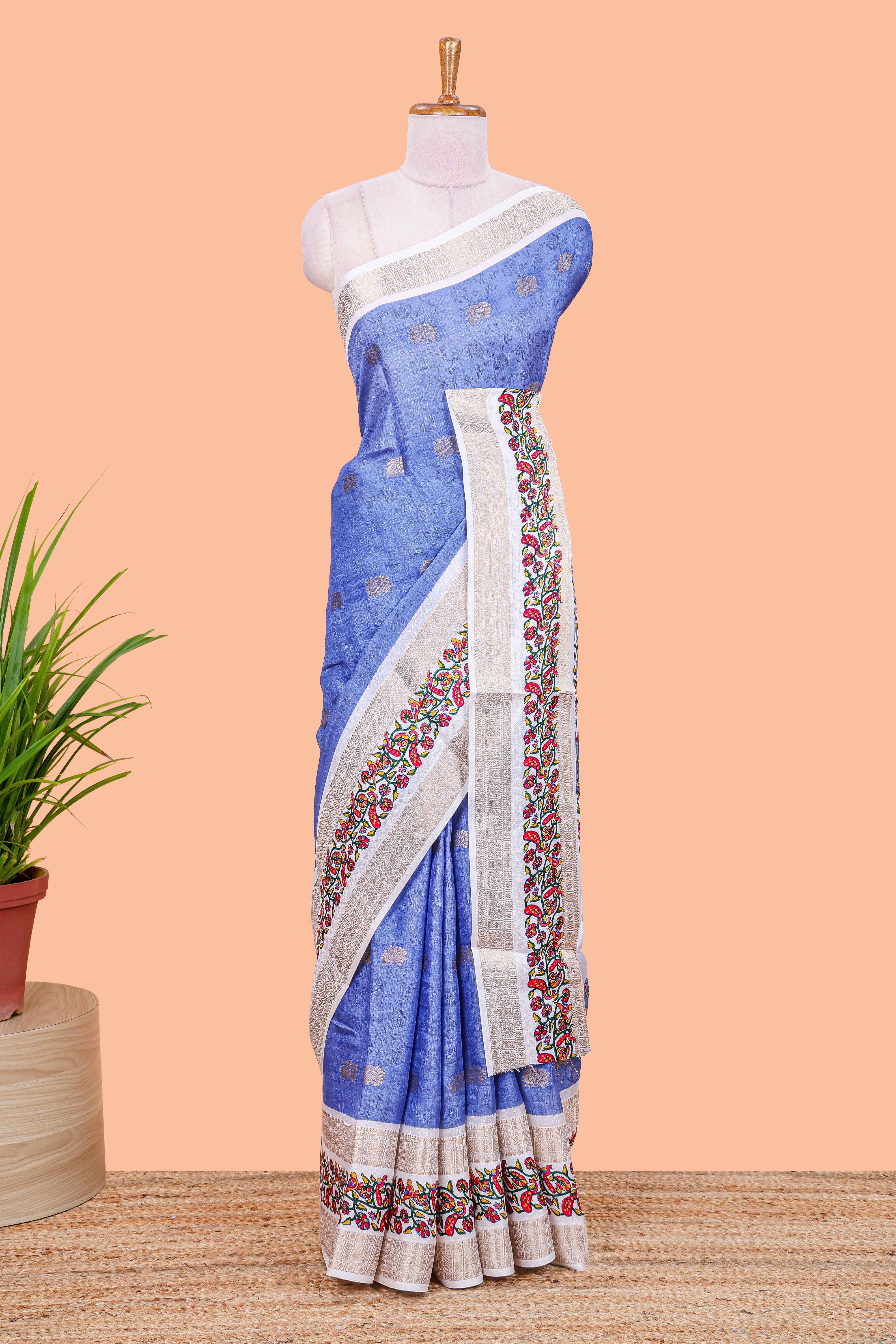 Blue peacock zari butta dola silk saree with contrast floral vine border and printed blouse - Image 2