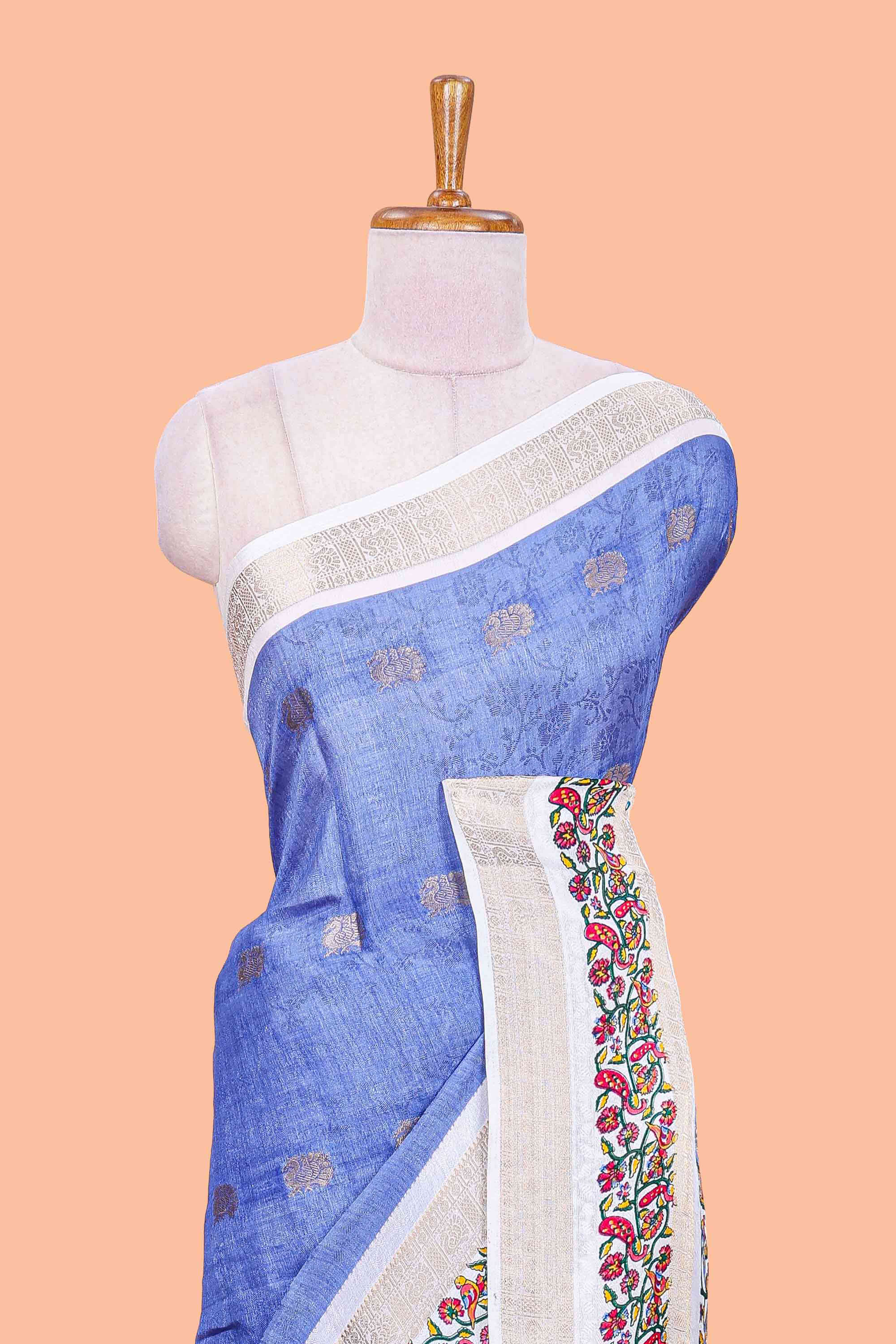 Blue peacock zari butta dola silk saree with contrast floral vine border and printed blouse - Image 3