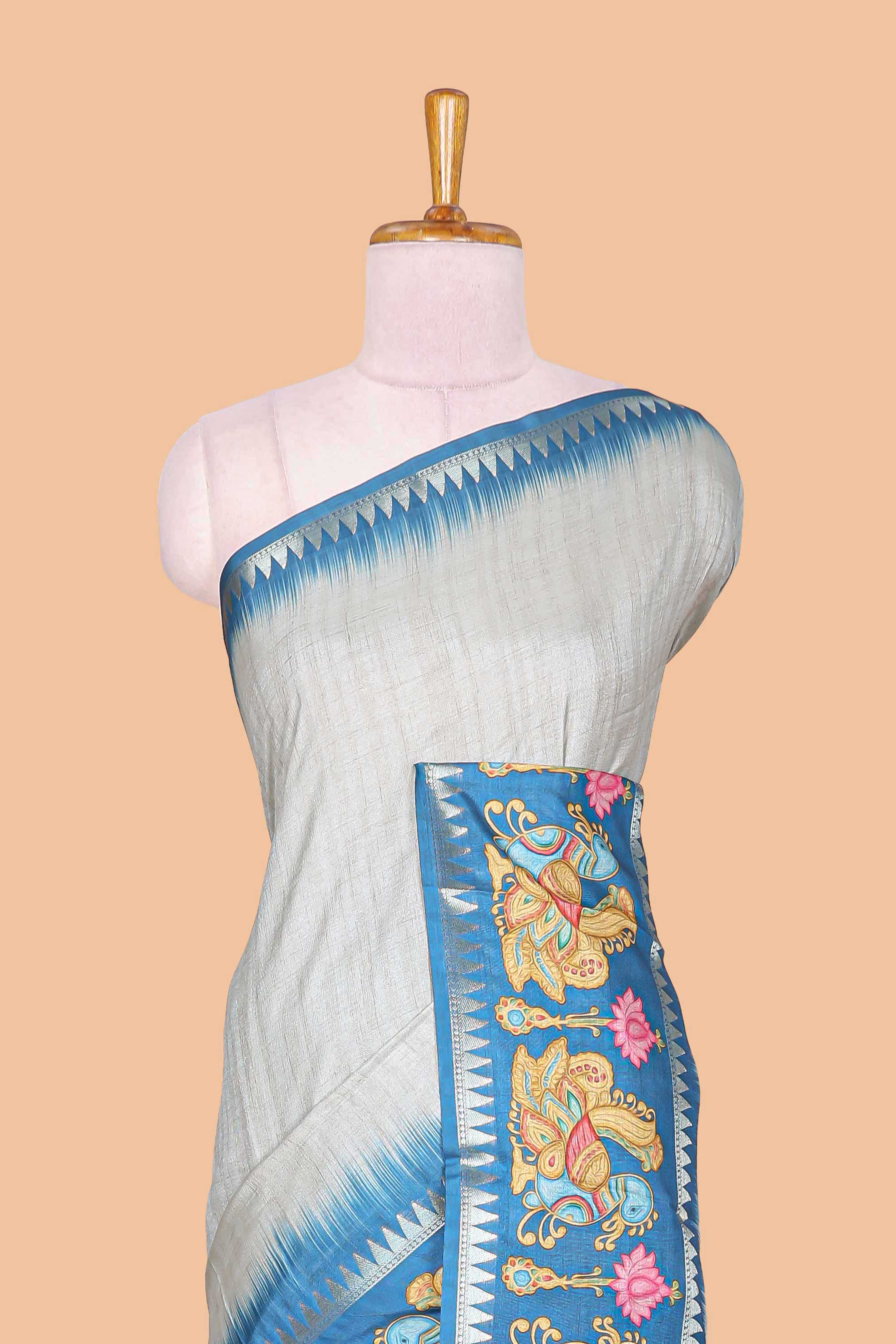 Blue plain art tussar silk saree with contrast annam bird and lotus theme border and printed pallu - Image 3