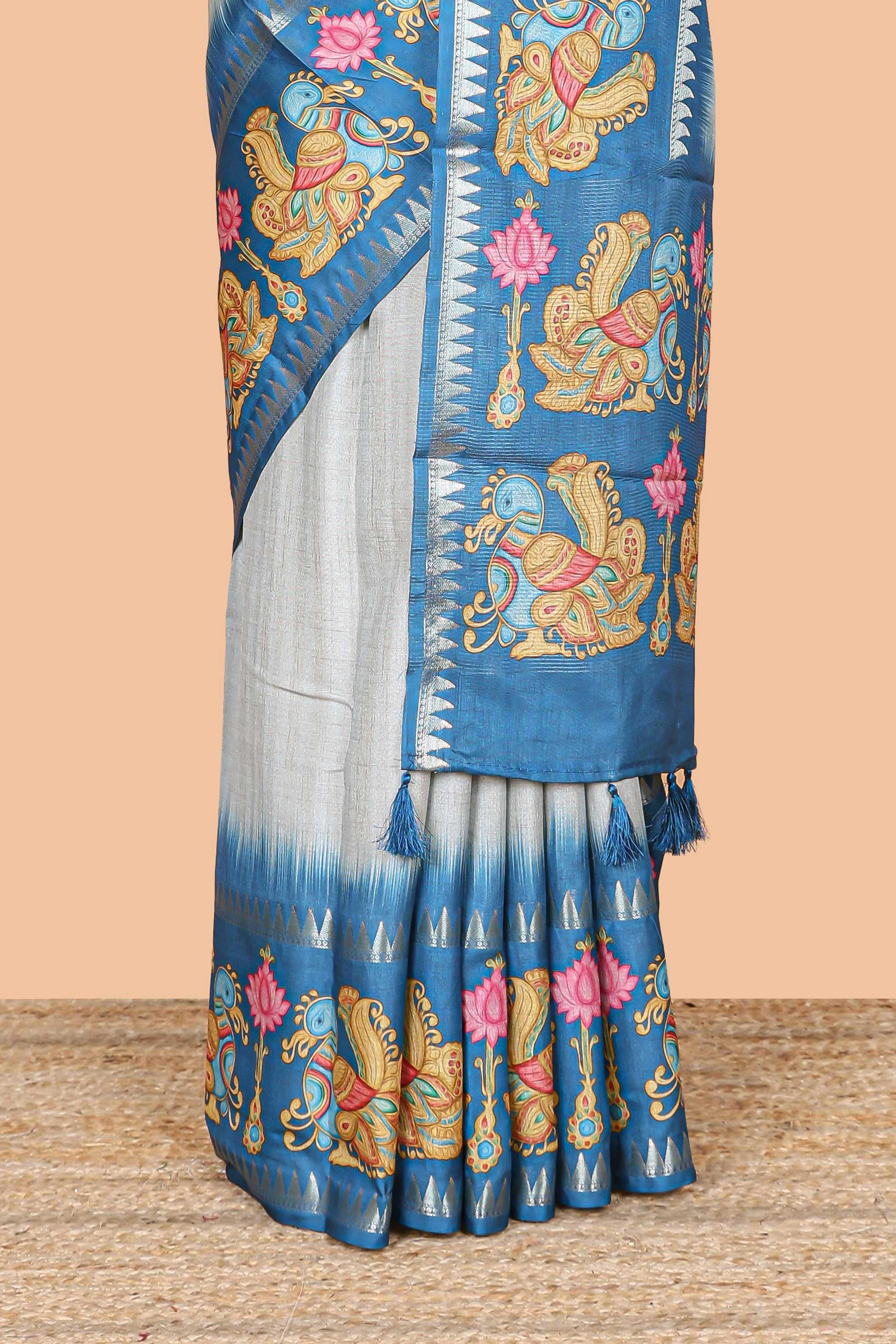 Blue plain art tussar silk saree with contrast annam bird and lotus theme border and printed pallu - Image 4
