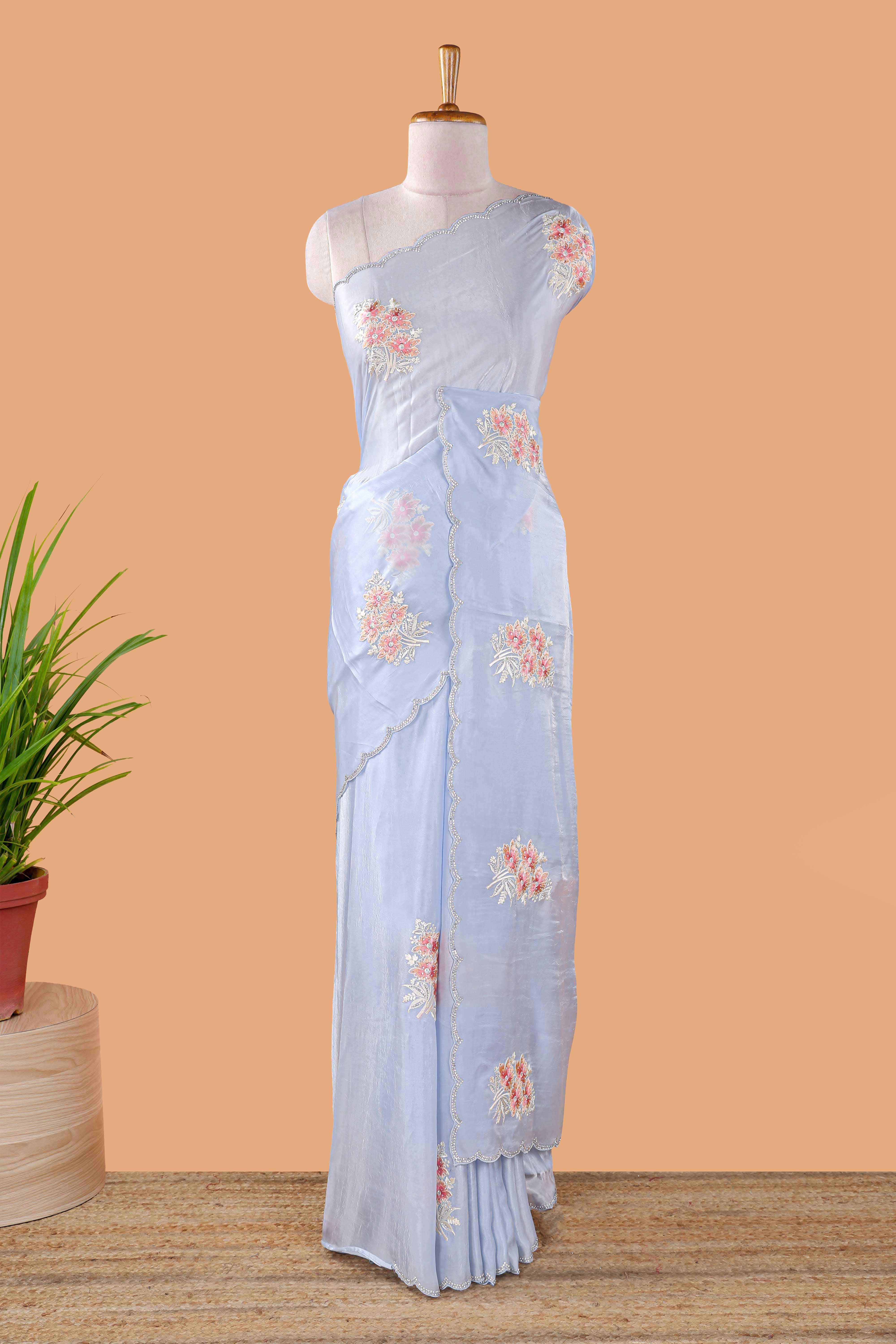 Blue plain fendi chiffon floral embroidery design saree with self pallu and blouse - Image 2
