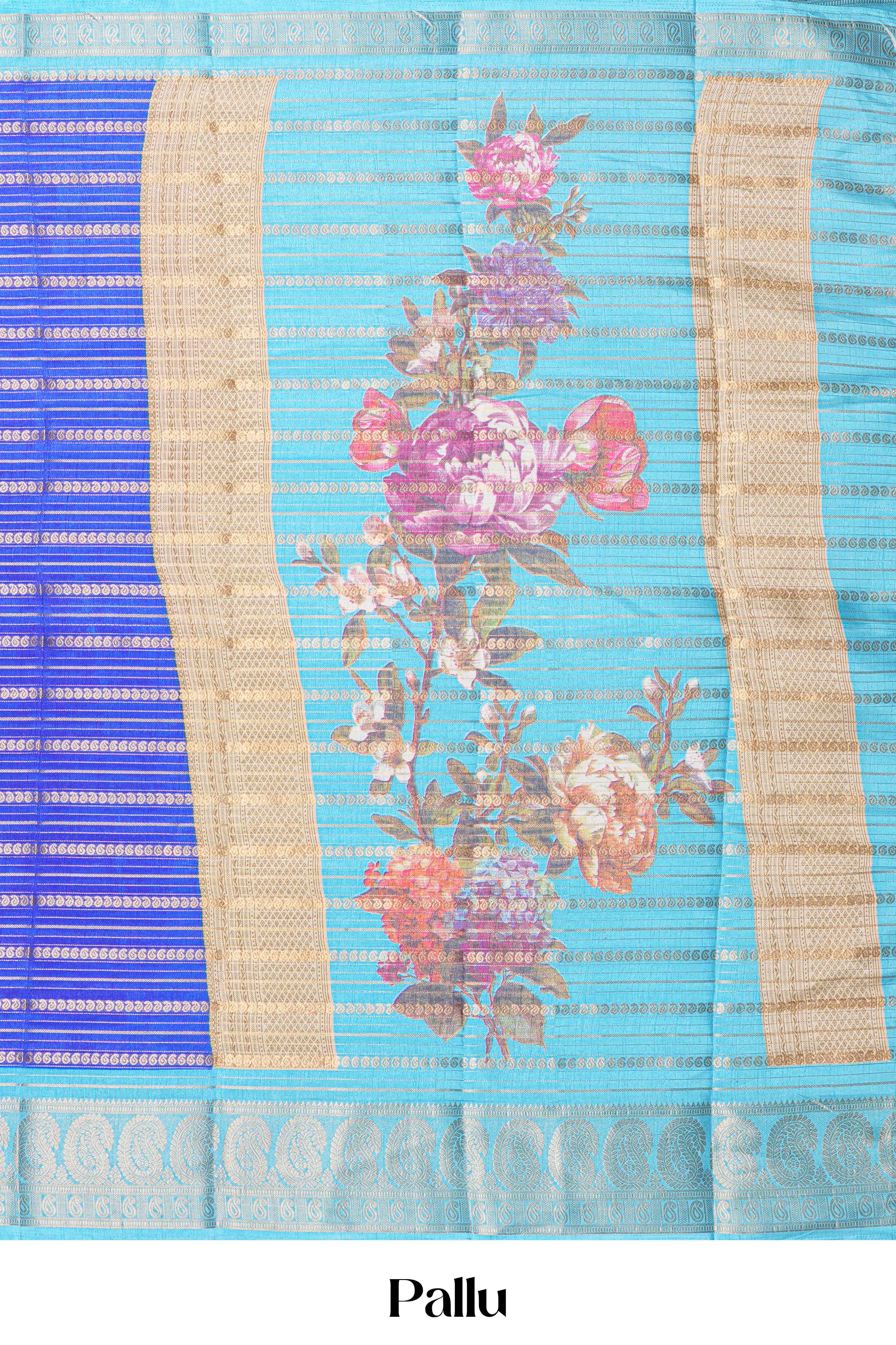 Blue Semi Banarasi Dola Silk Saree Golden Zari Mango Motifs Body. Contrast Jacquard Border Pallu Floral Design Along With Contrast Zari Stripes Weaving Blouse - Image 5