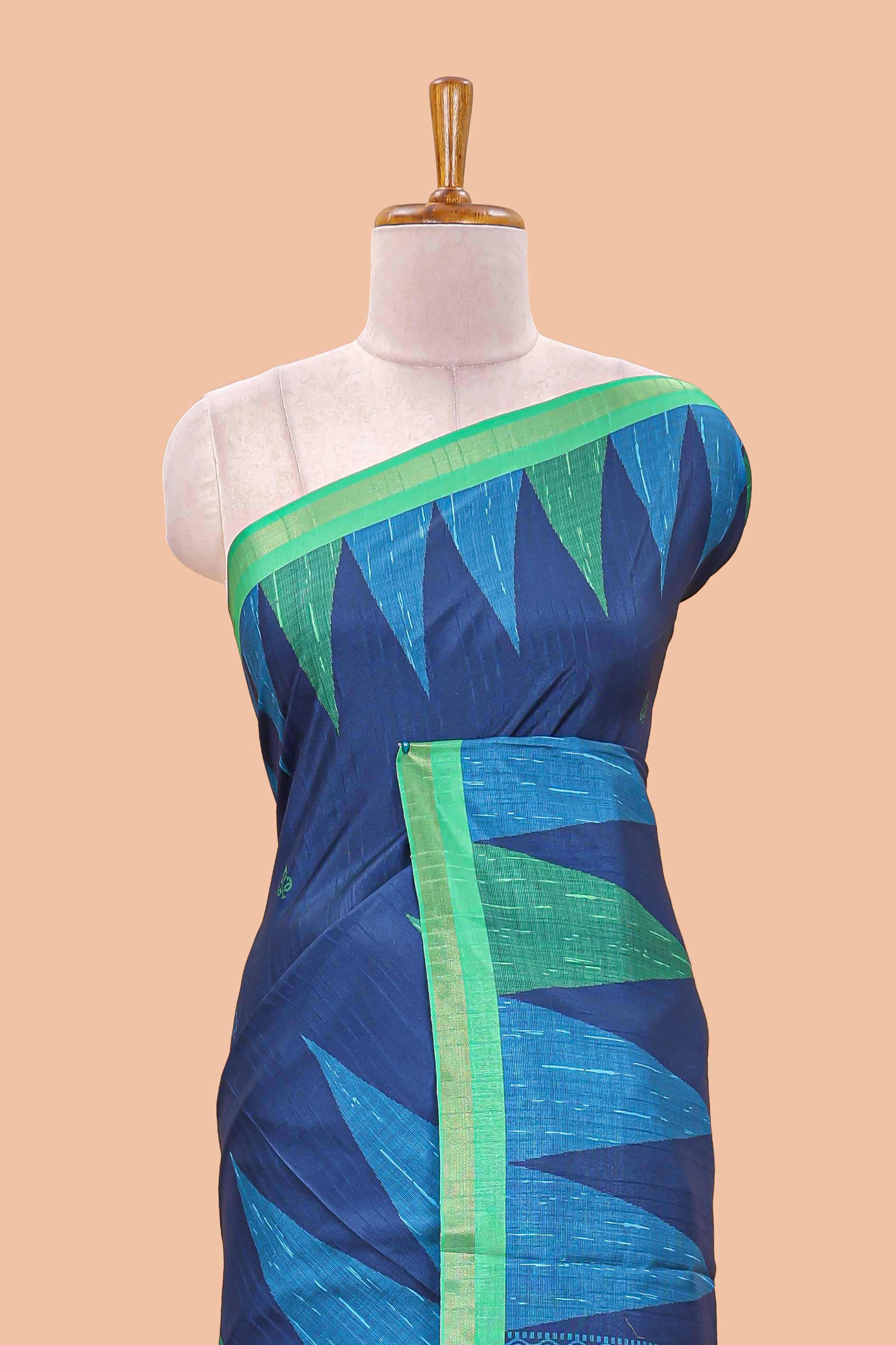 Blue semi tussar silk saree with all over paisley butta, geometric ikkat pattern and zari border - Image 3