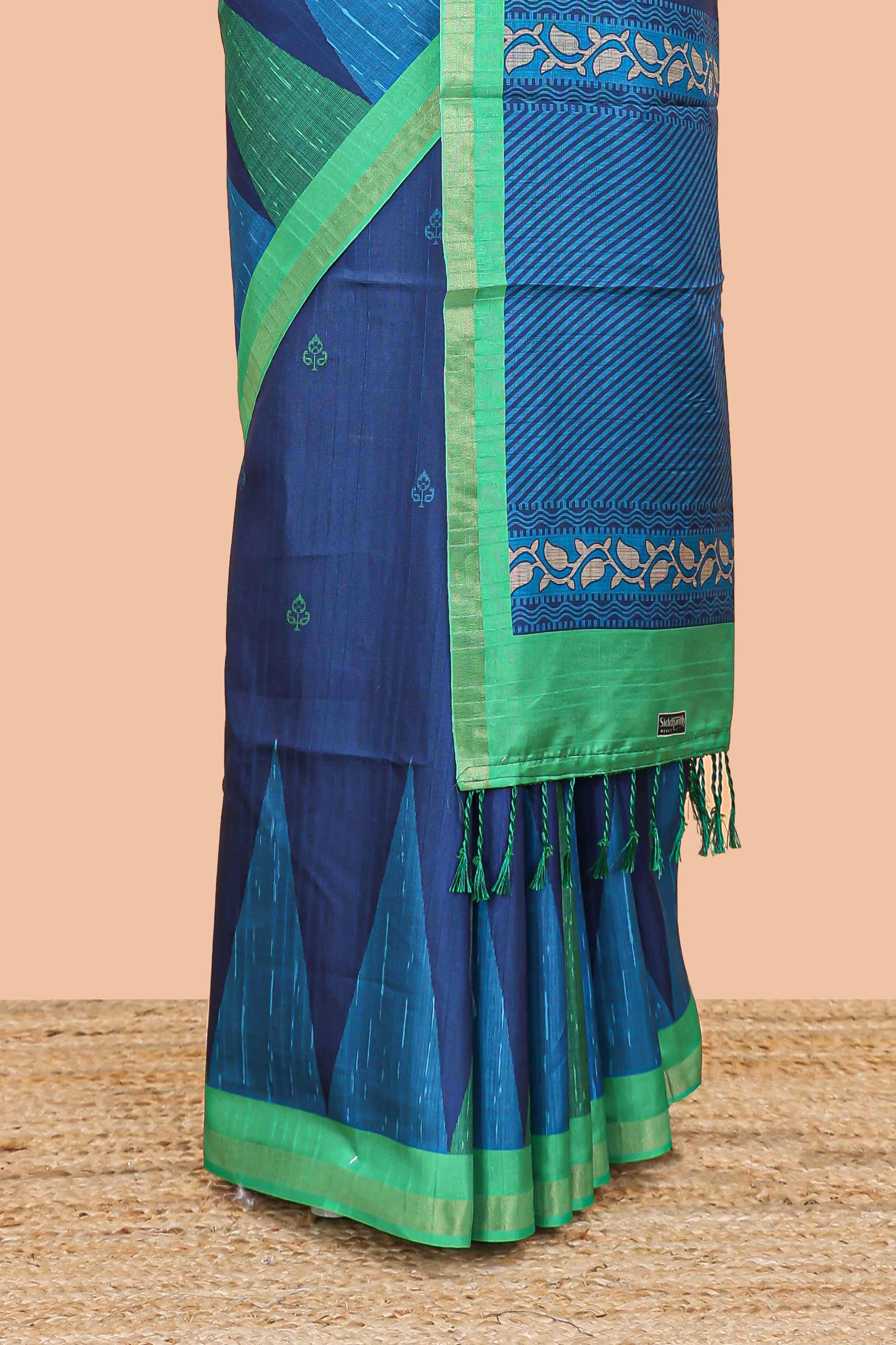 Blue semi tussar silk saree with all over paisley butta, geometric ikkat pattern and zari border - Image 4