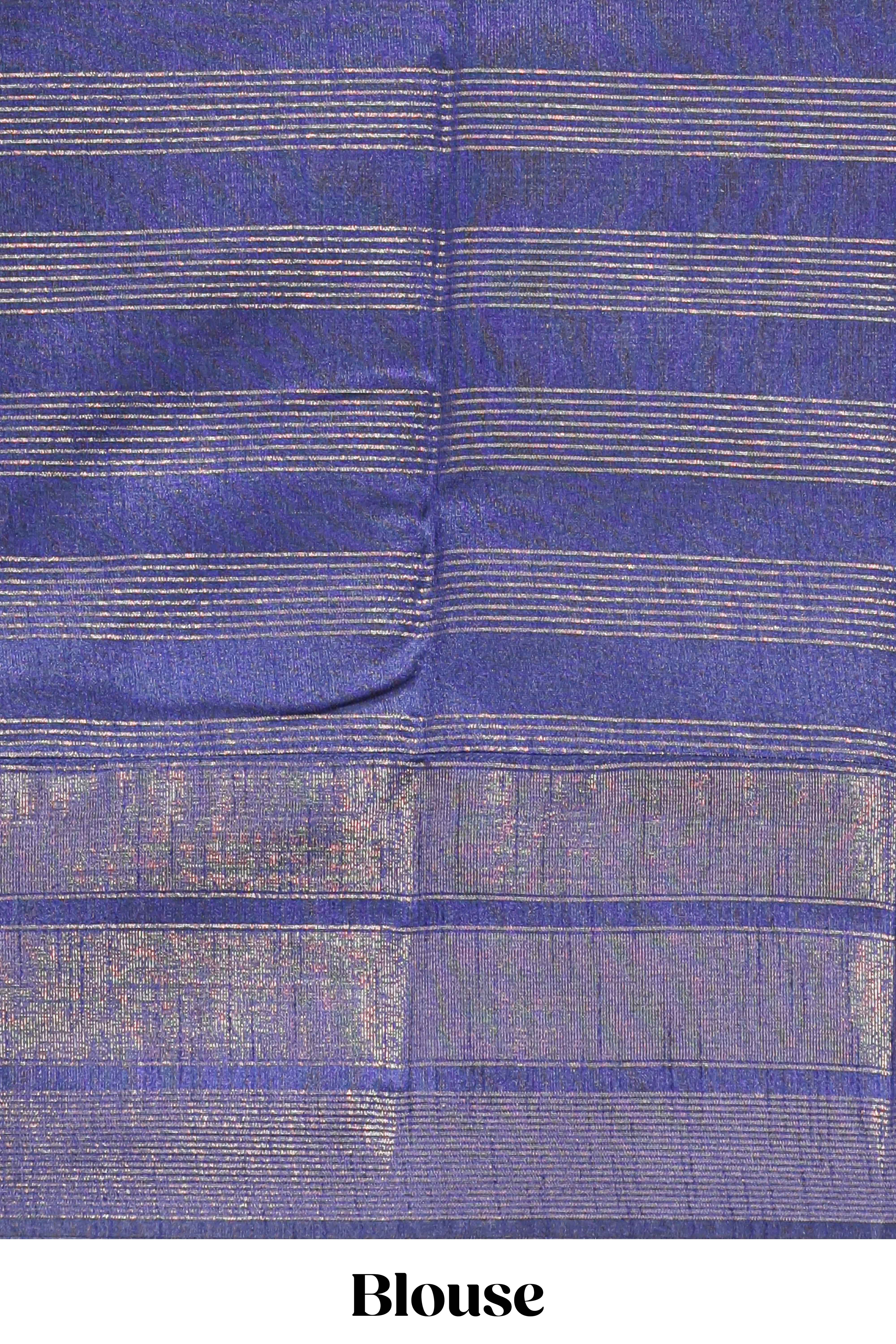Powder blue silk body golden zari striped pattern and Broad golden zari border with contrast blouse - Image 5