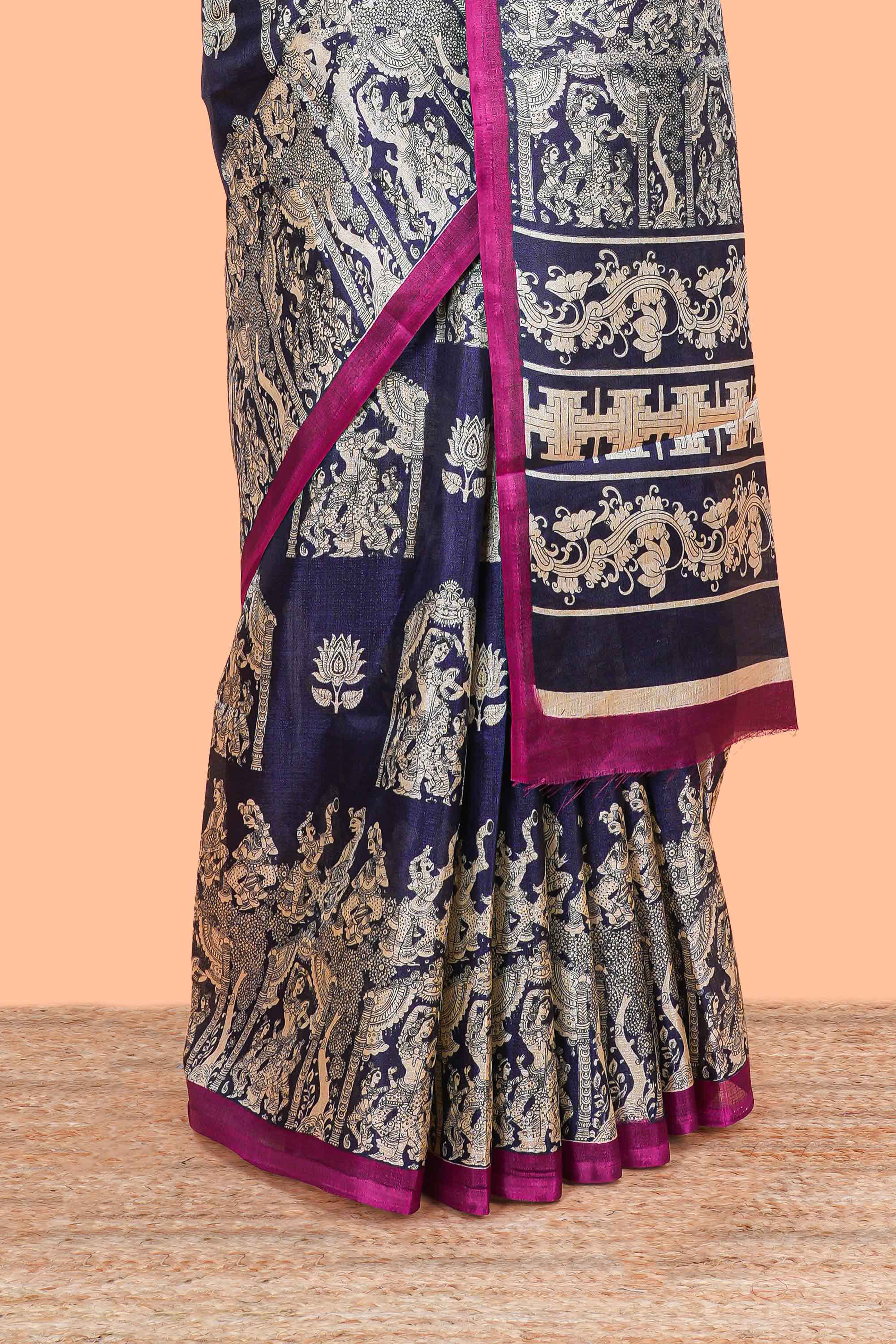 Blue south cotton saree with kalamkari print on body and pallu - Image 4